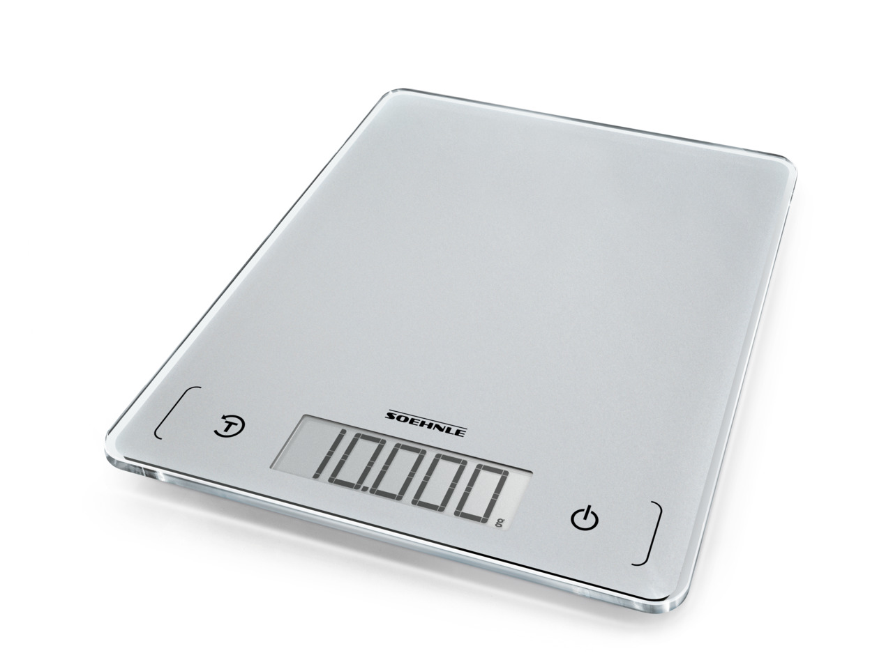 Eine digitale Küchenwaage, weiß mit Glasoberfläche. Zeigt 10.000g auf dem Display.