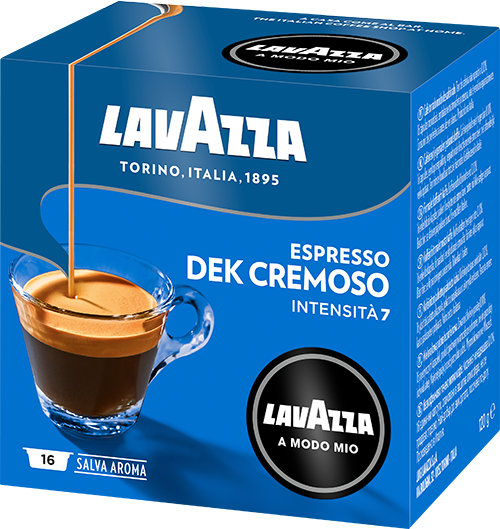 Boîte de café Lavazza bleue avec une tasse versant du café. Espresso Dek Cremoso, 16 capsules.