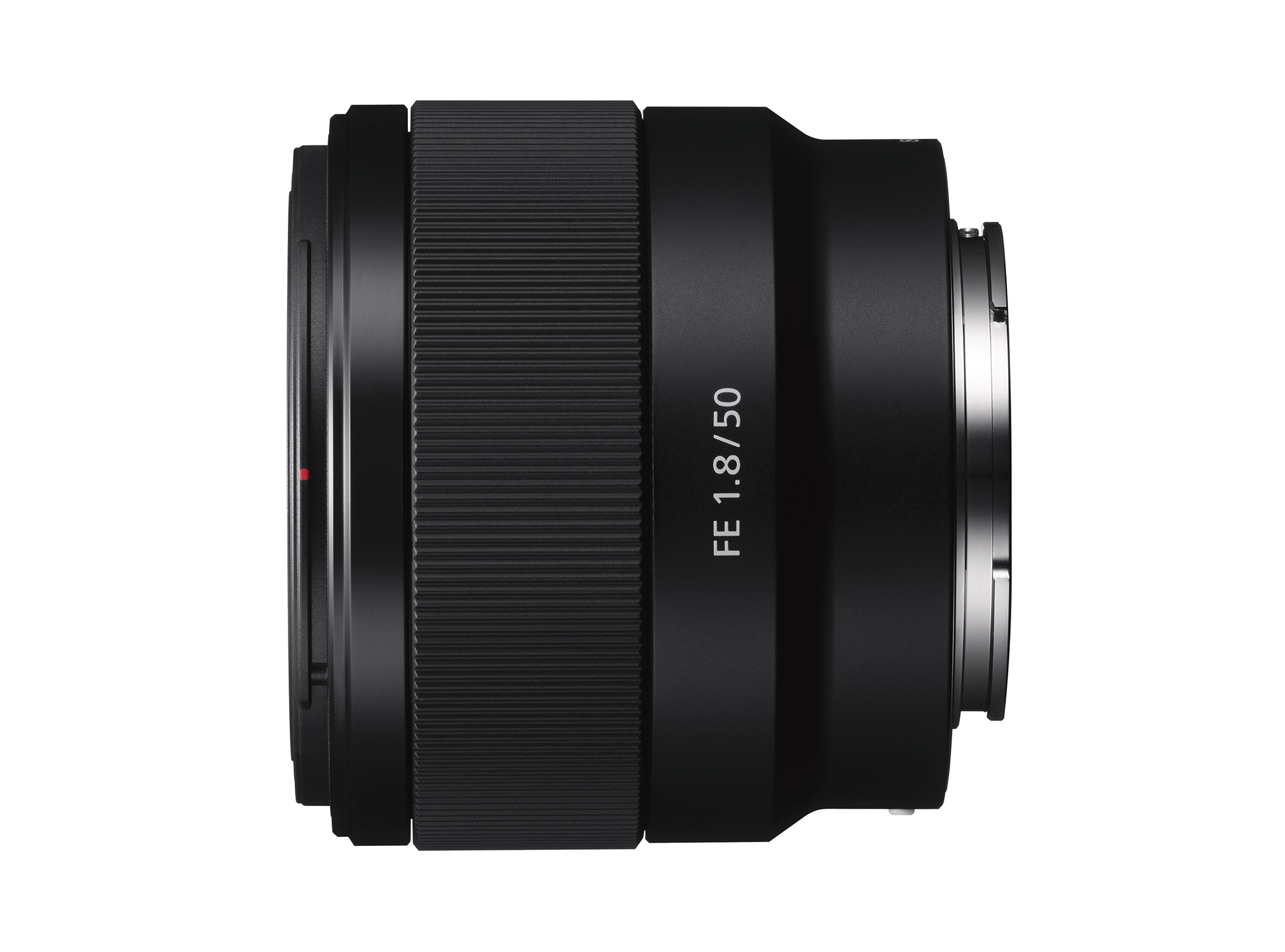 A black camera lens with the text "FE 1.8/50" printed on the side. The lens is on a white background.