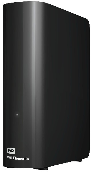 Schwarze WD Elements Festplatte. Schlankes, vertikales Design mit WD-Logo.