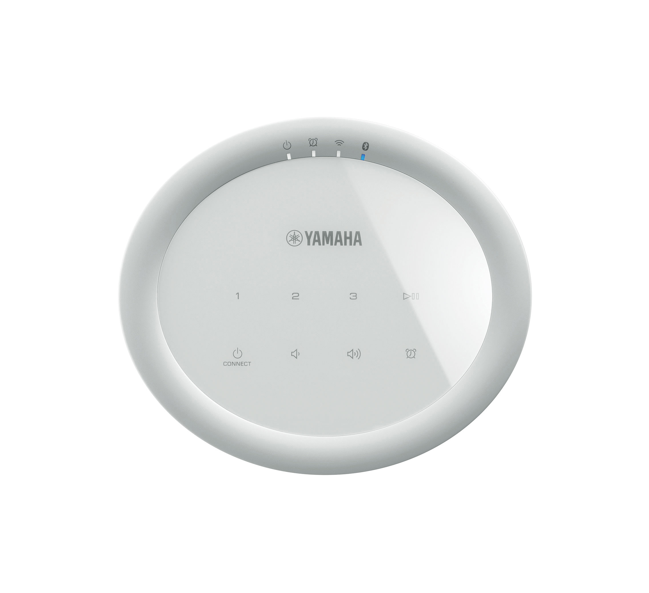Ein weißer Yamaha-Musikplayer mit kreisförmigem Design, der Tasten und das Markenlogo zeigt.
