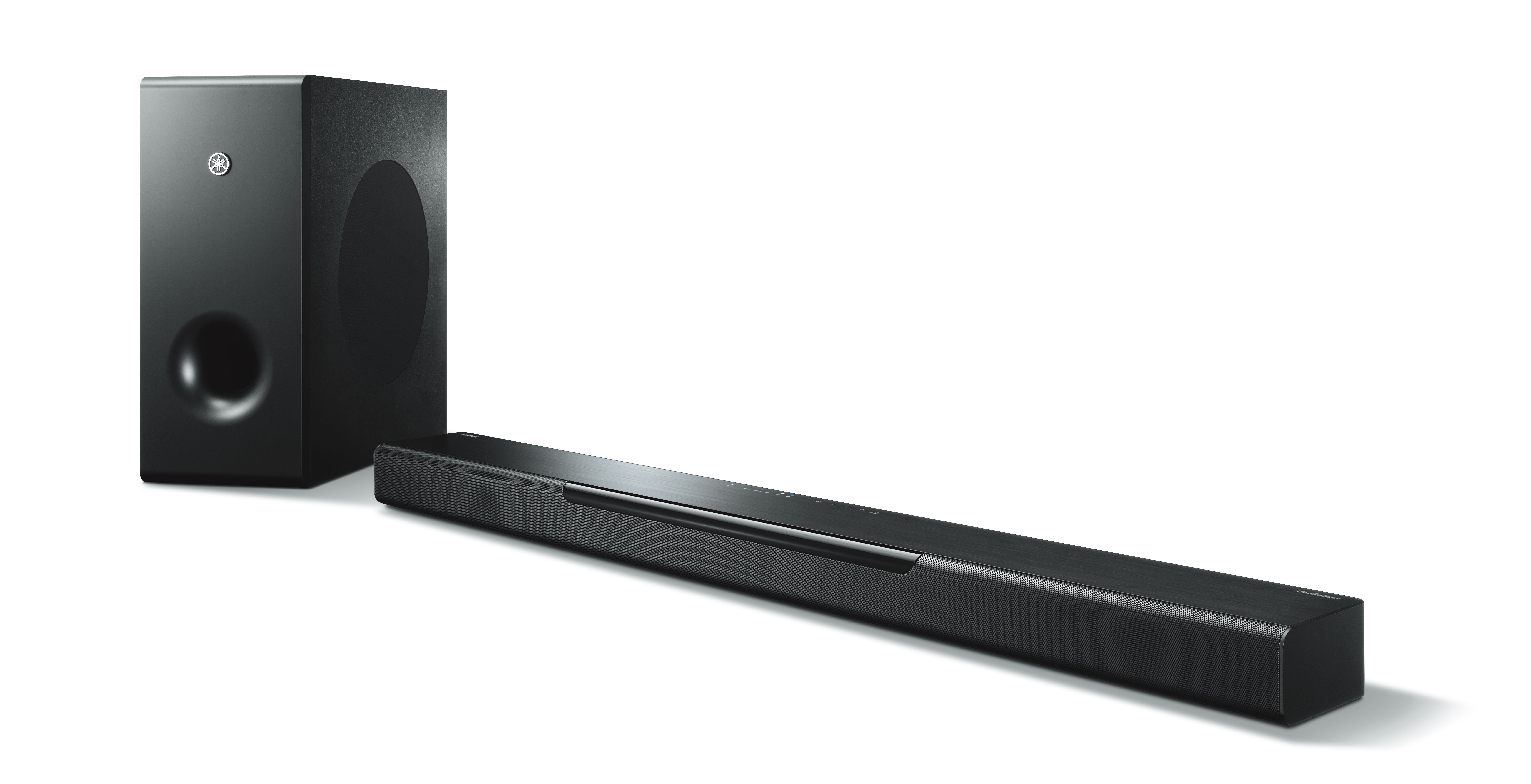 Schwarzes Soundbar- und Subwoofer-Set, Marke Yamaha, weißer Hintergrund.