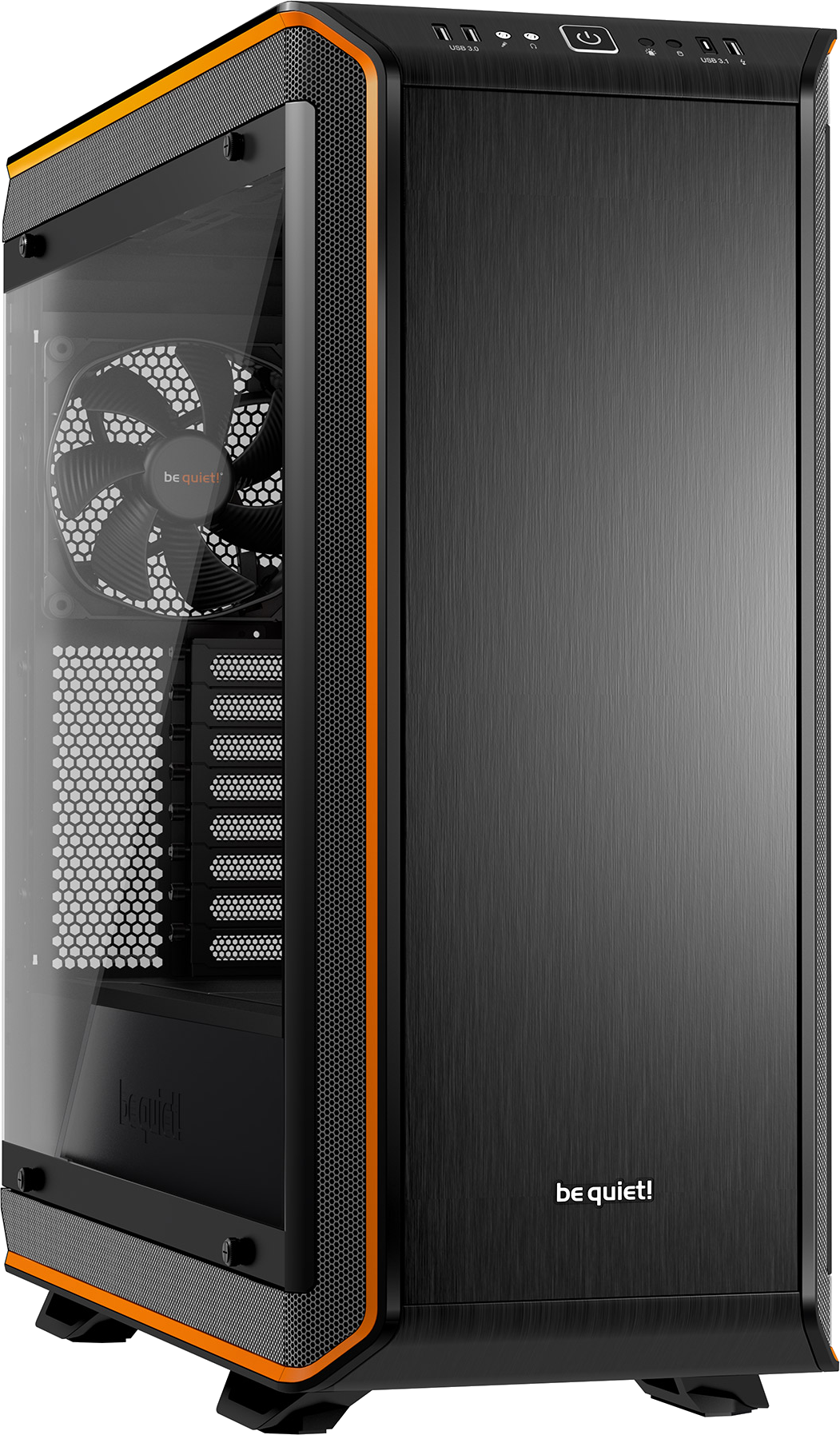 Schwarzes Computergehäuse mit orangen Akzenten, Glas-Seitenwand und Lüfter.