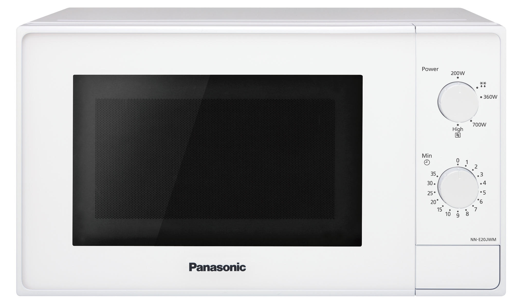 Weißer Mikrowellenherd mit schwarzer Tür. Leistungs- und Zeiteinstellräder rechts.