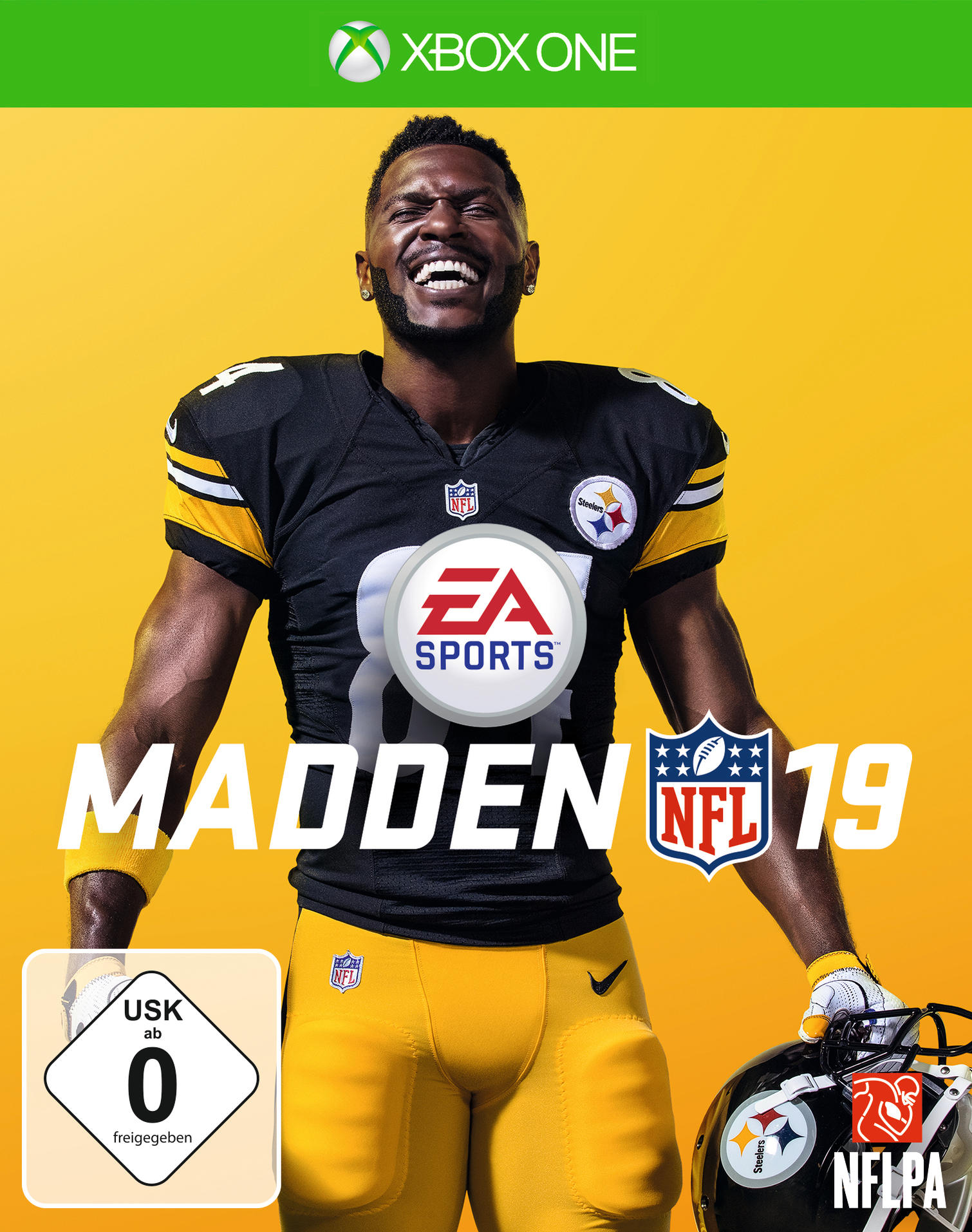 Madden NFL 19 Spielcover. Ein Footballspieler in Uniform lächelt auf gelbem Hintergrund.