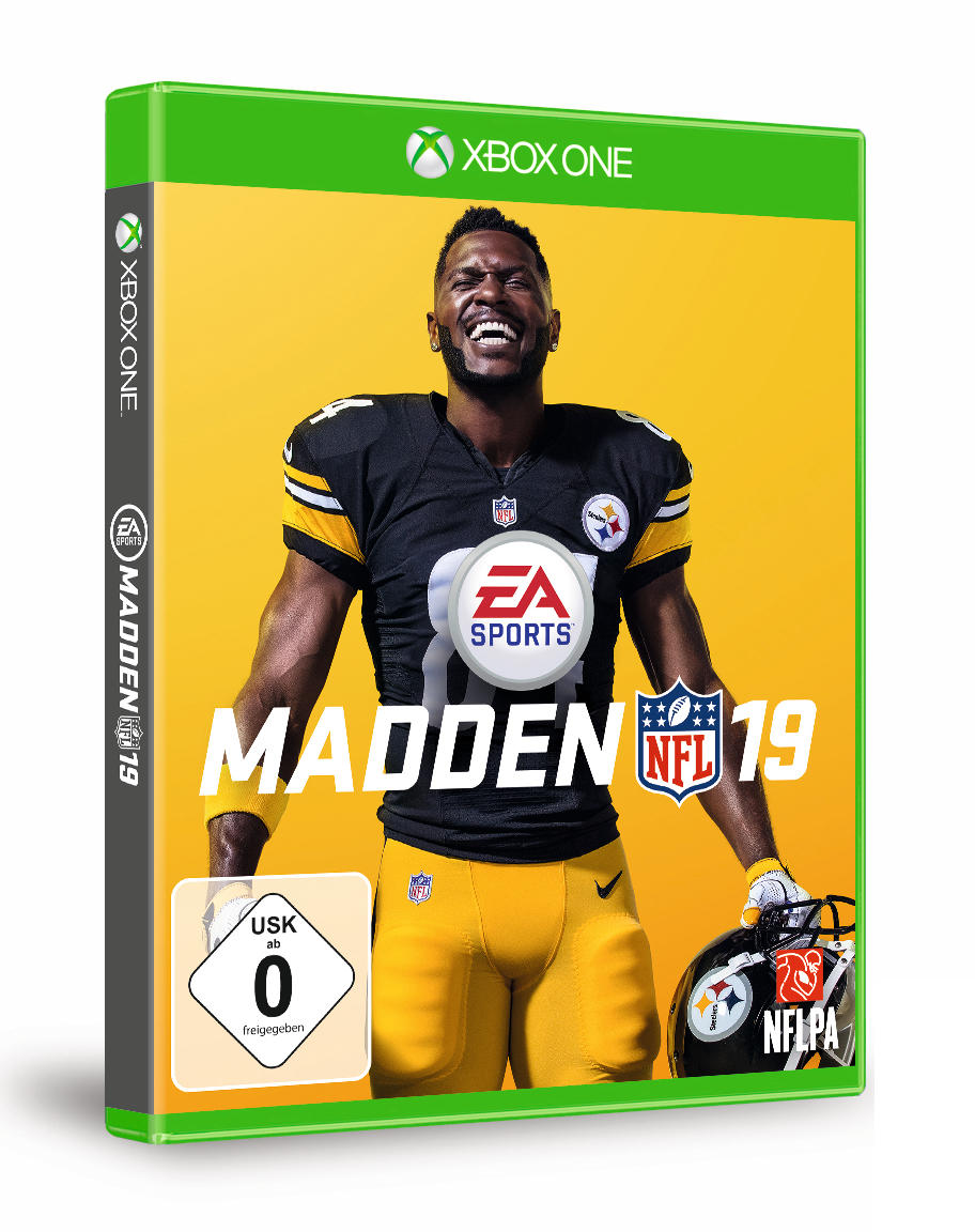 Videospielbox für Madden NFL 19. Footballspieler auf gelbem Hintergrund.