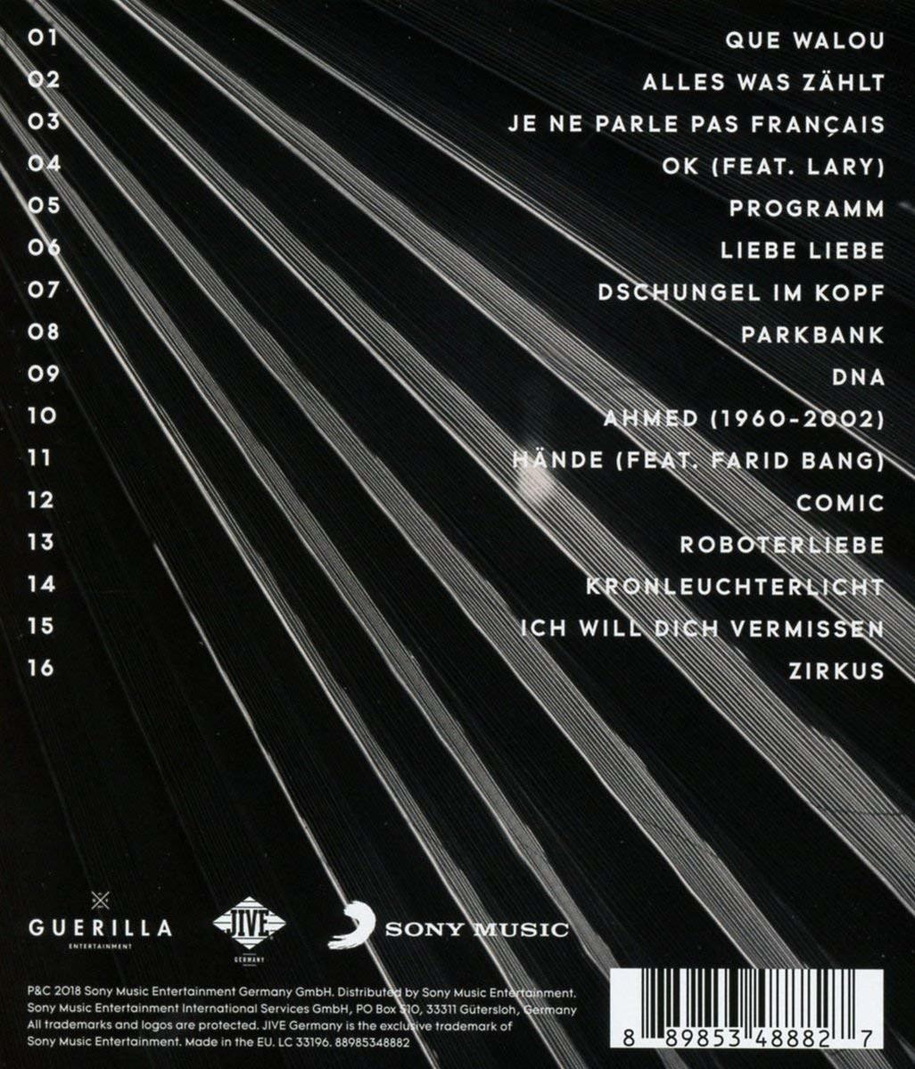 Album-Titelliste mit deutschen Songtiteln auf schwarz-weiß gestreiftem Hintergrund.