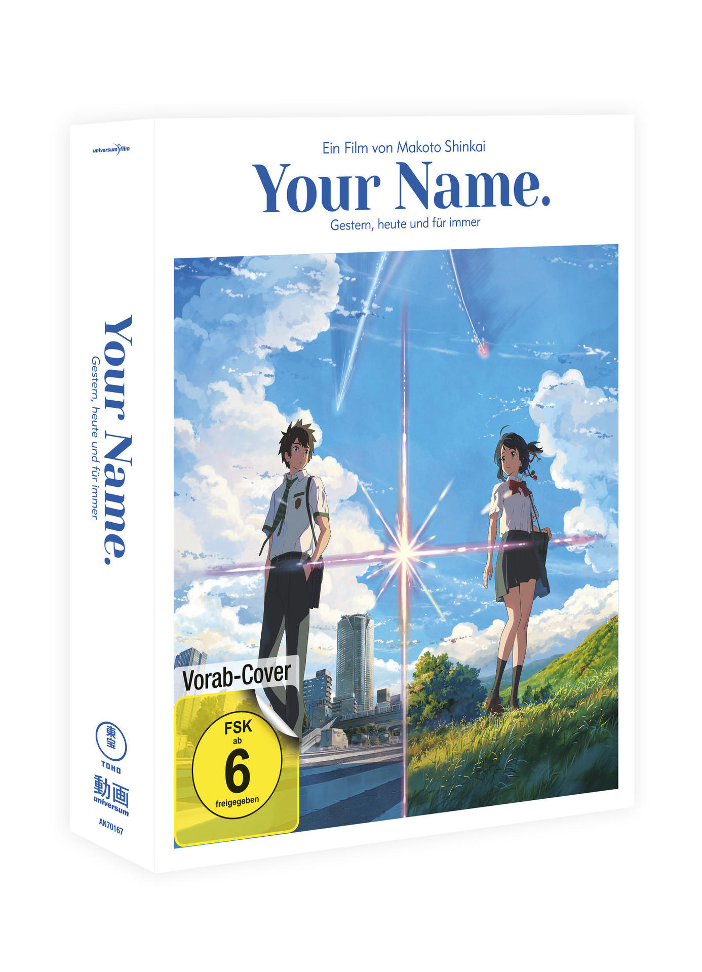 Weiße DVD-Box mit Anime-Charakteren, Titel 'Your Name' und japanischem Text.