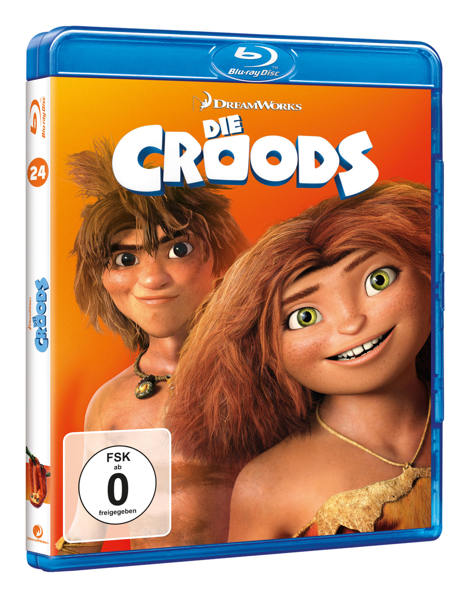 Blu-ray-Hülle mit Zeichentrickfiguren auf dem Cover. Der Titel lautet 'Die Croods', mit einer FSK 0-Einstufung.