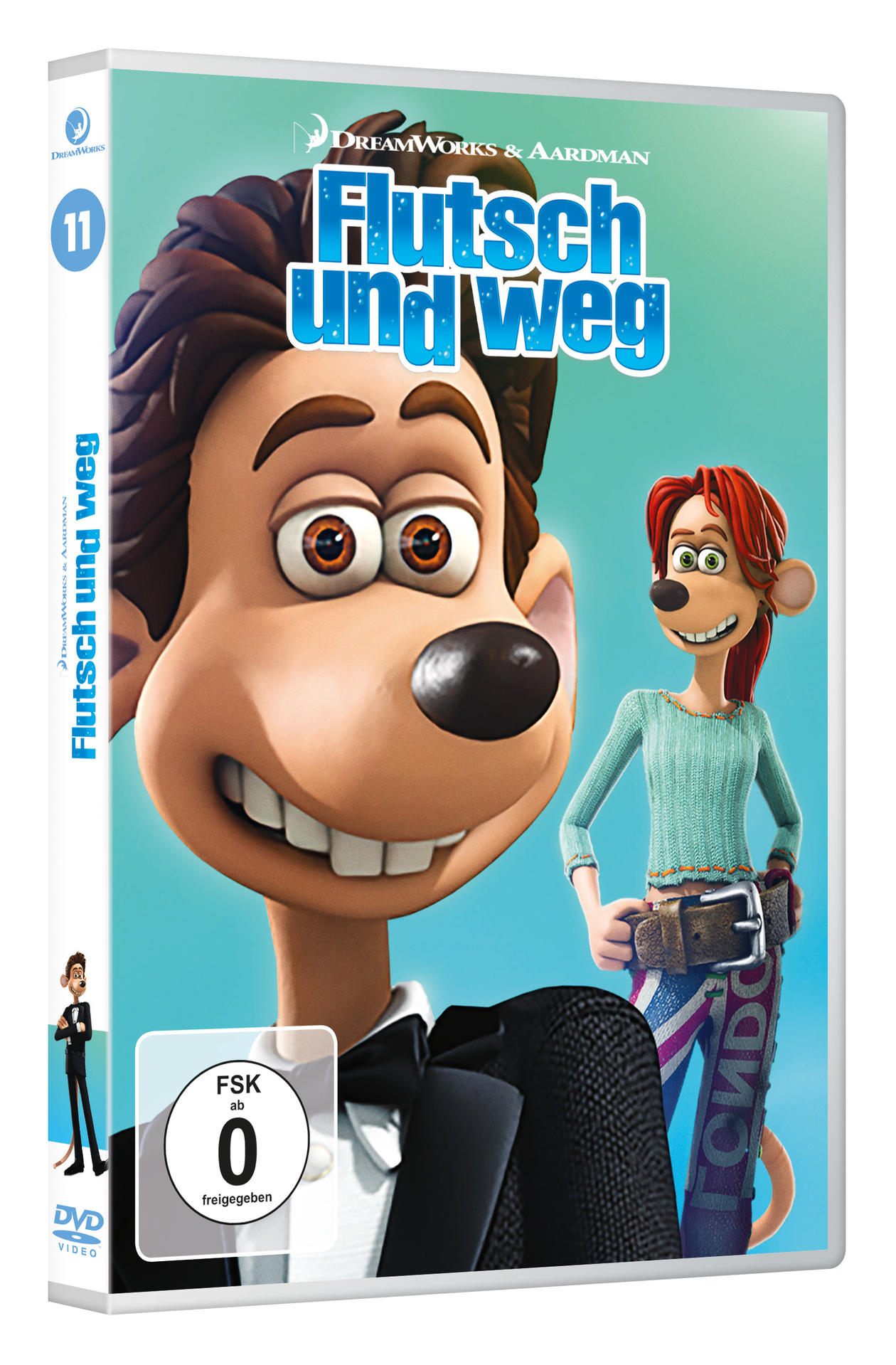 DVD-Cover mit Zeichentrickfiguren aus 'Flutsch und Weg', mit blauem Hintergrund und Text.