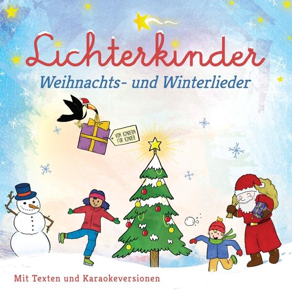 Weihnachtliche Illustration. Kinder, ein Schneemann und der Weihnachtsmann sind abgebildet. Ein Weihnachtsbaum steht im Zentrum.