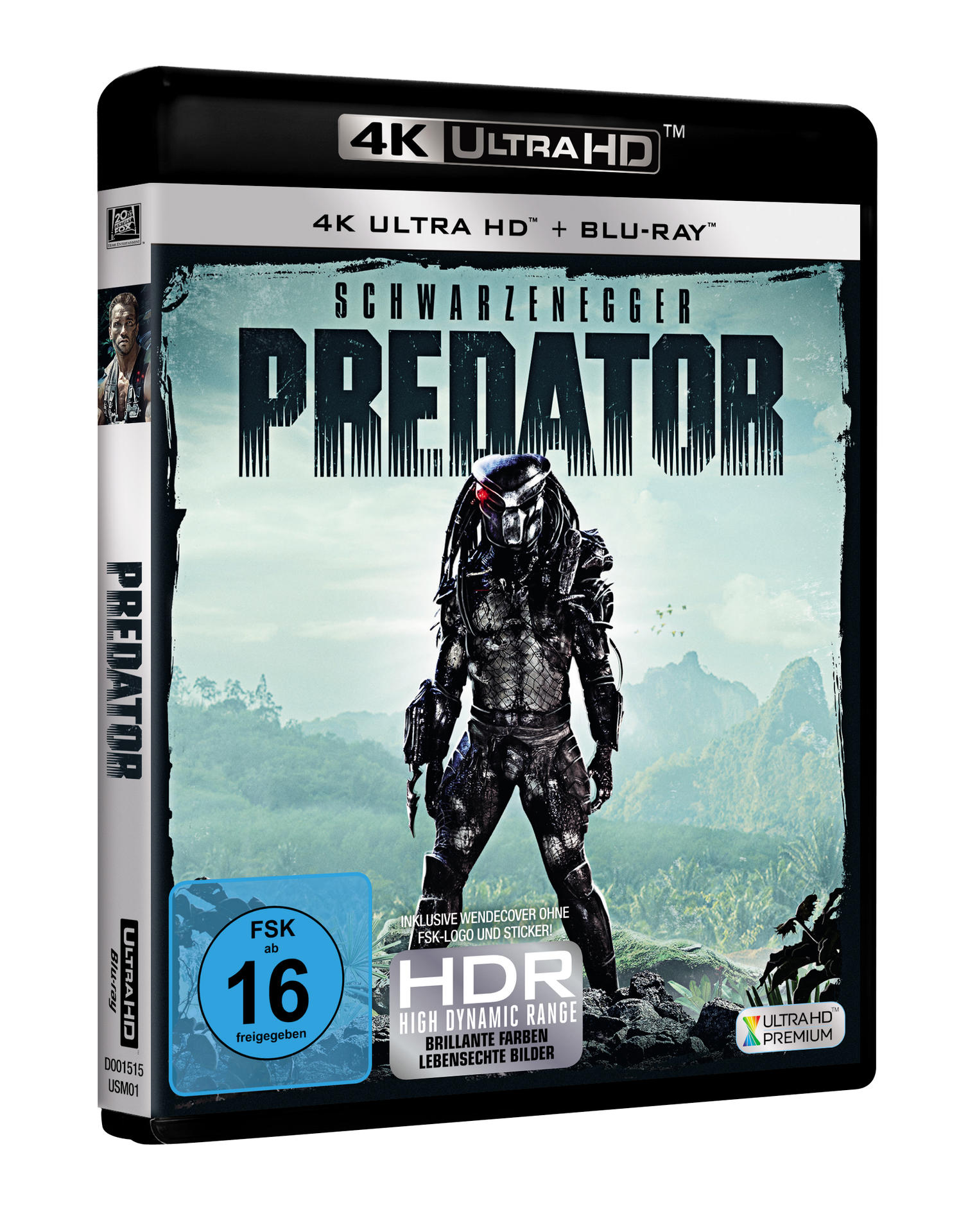 Predator 4K Ultra HD Blu-ray-Filmbox. Schwarzenegger und der Predator auf dem Cover. Weißer Hintergrund.