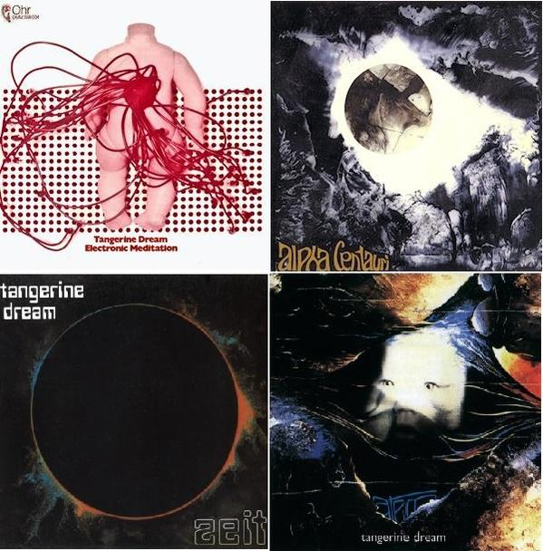 Vier Albumcover. Tangerine Dream und verwandte Bands. Abstrakte Kunst mit Retro-Ästhetik.