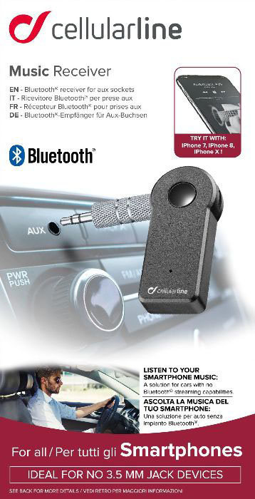 Musikempfänger-Anzeige. Zeigt Empfänger, Autointerieur und Smartphone. Enthält Bluetooth-Logo.