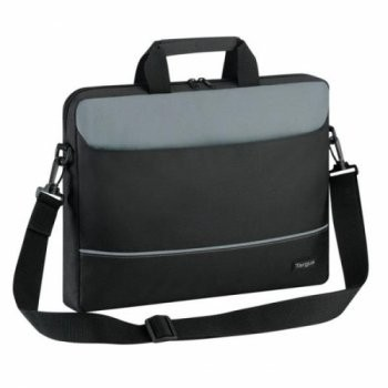 Bolso para portátil Targus negro y gris con correa para el hombro y asa.