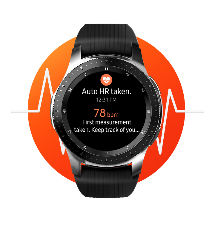 Smartwatch mit Herzfrequenzanzeige. Zeigt 78 bpm. Schwarzes Armband, silbernes Gehäuse und orangefarbener Hintergrund.