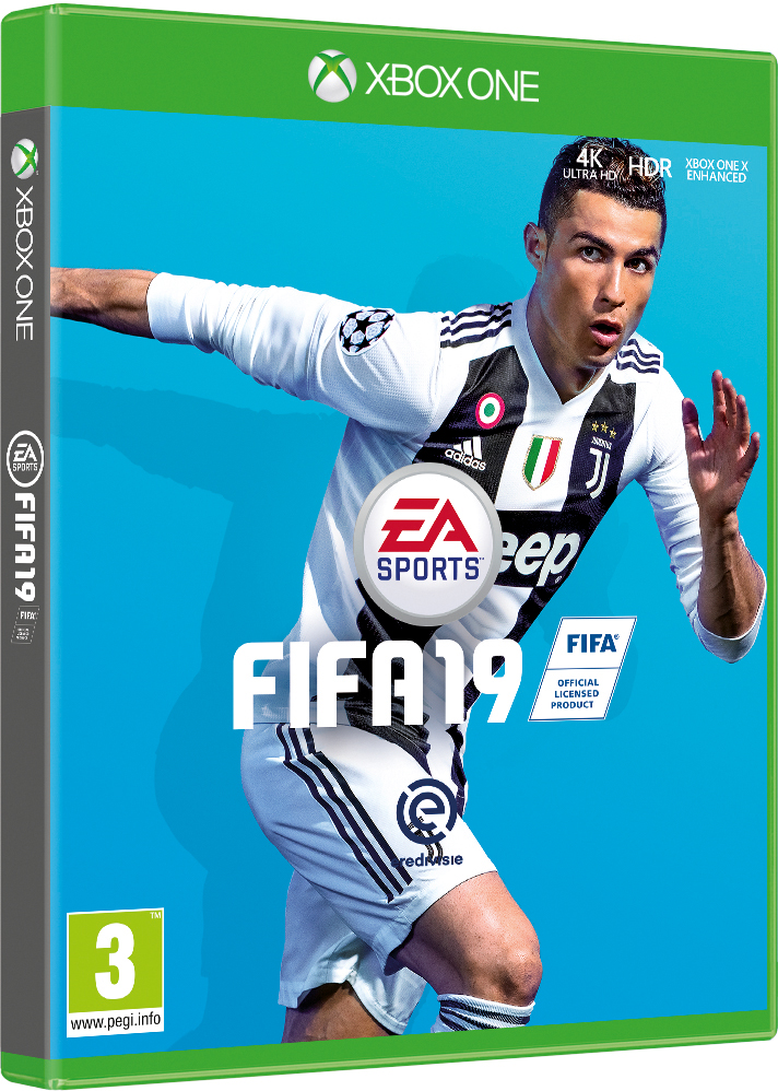 FIFA 19 gamebox met Cristiano Ronaldo op de cover, blauwe achtergrond.