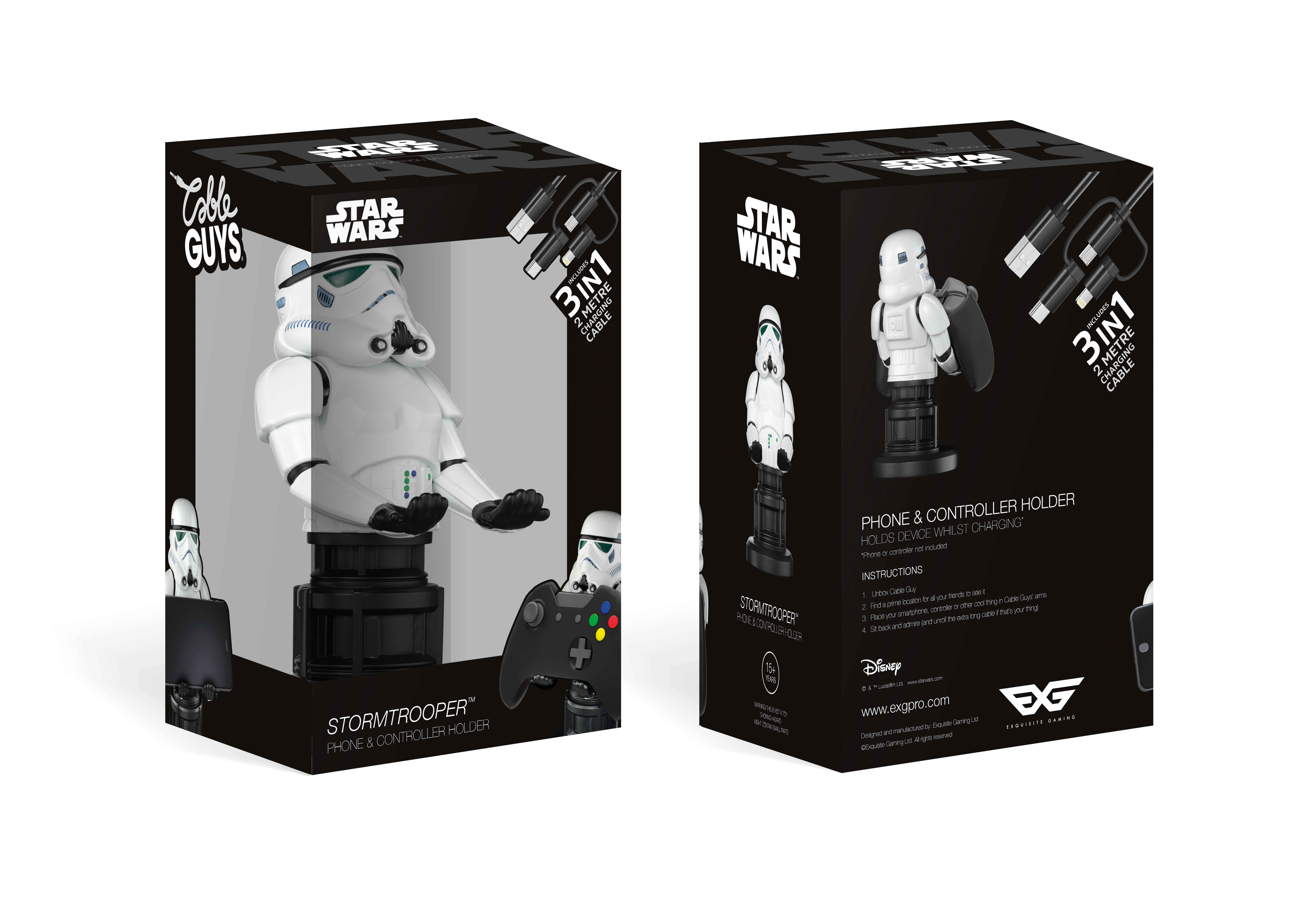 Zwei Boxen, die einen Stormtrooper-Telefonhalter zeigen. Eine zeigt den Halter, die andere die Rückseite der Box.