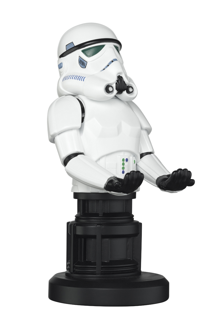 Stormtrooper-Büste. Weißer Helm und Rüstung auf schwarzem Ständer. Offene Hände.
