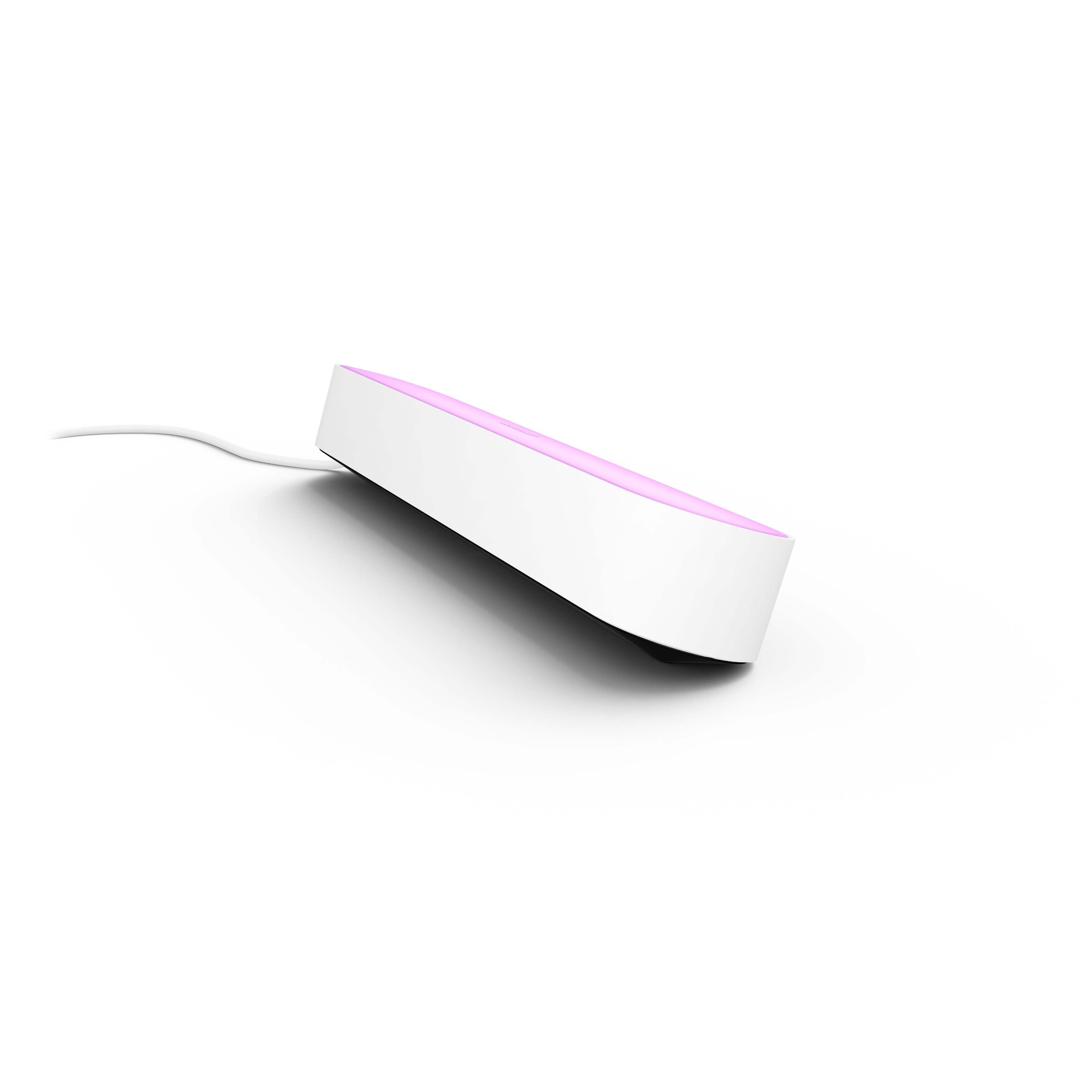 Ein weißer, rechteckiger Philips Hue Lichtbalken, der rosa Licht emittiert. Der Hintergrund ist weiß.