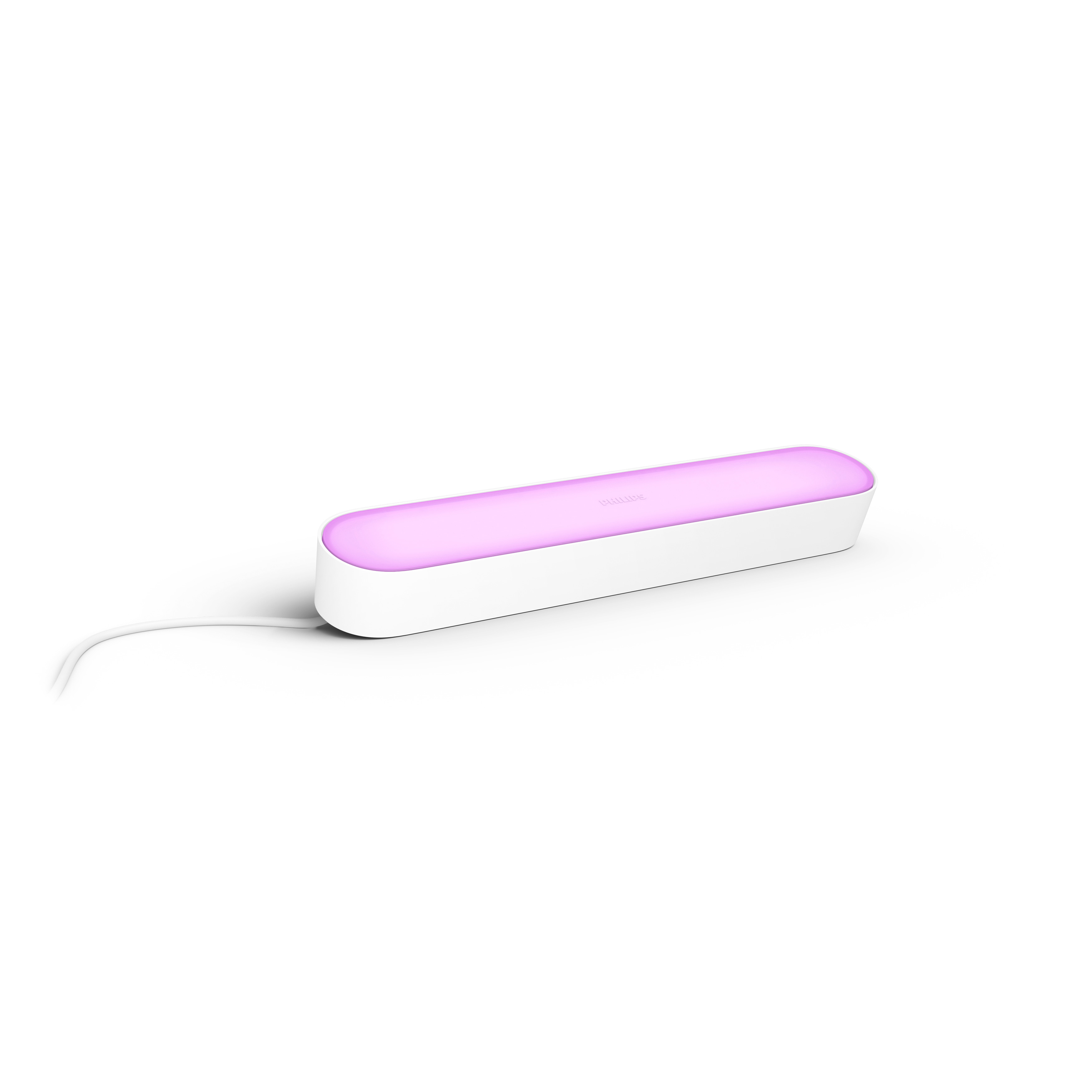 Weißer Philips Hue Play Light Bar mit rosa Farbverlauf, weißem Kabel und weißem Hintergrund.