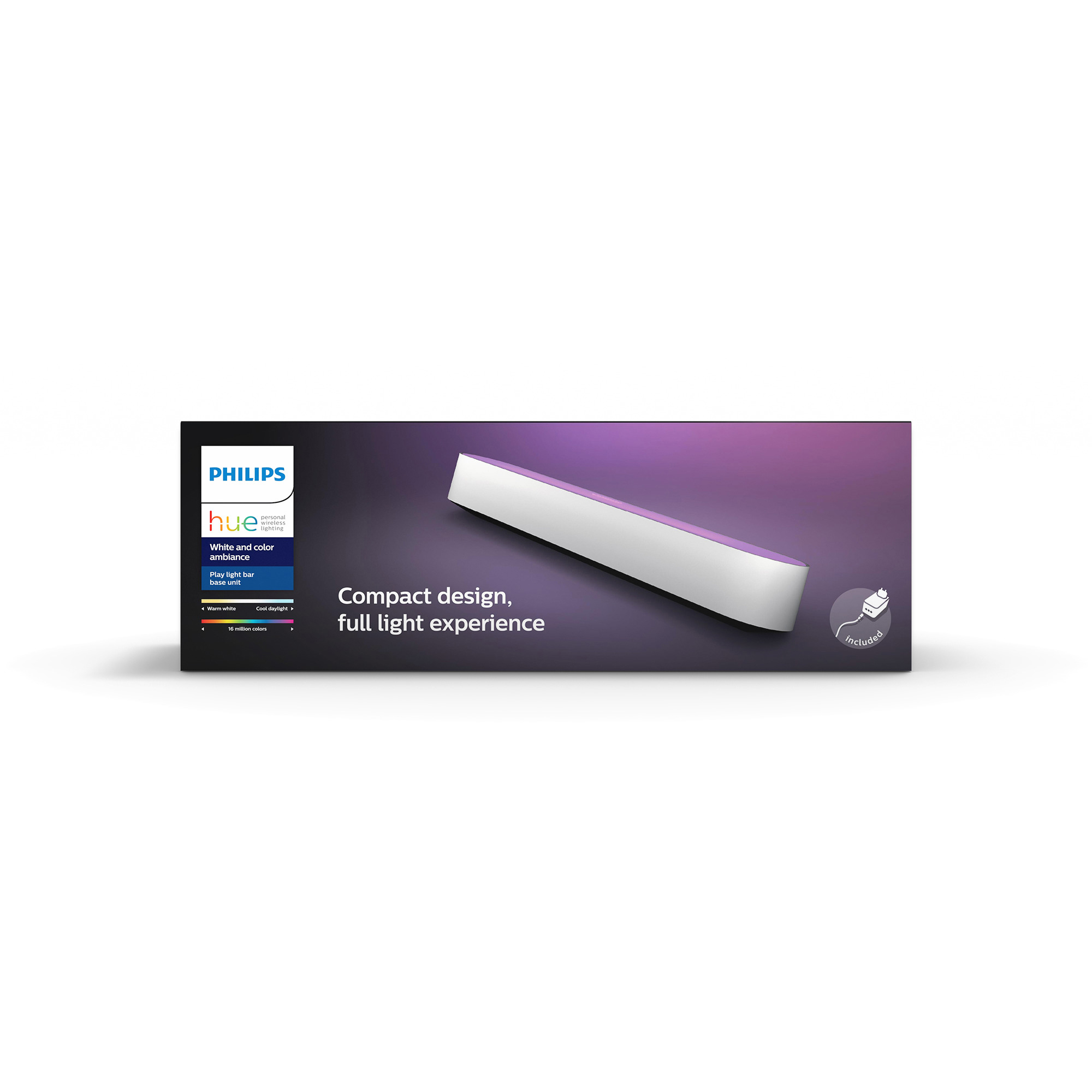 Ein Philips Hue Lichtband in seiner Verpackung, mit einem weißen und lila Farbverlauf. Auf der Box steht 'Hue'.
