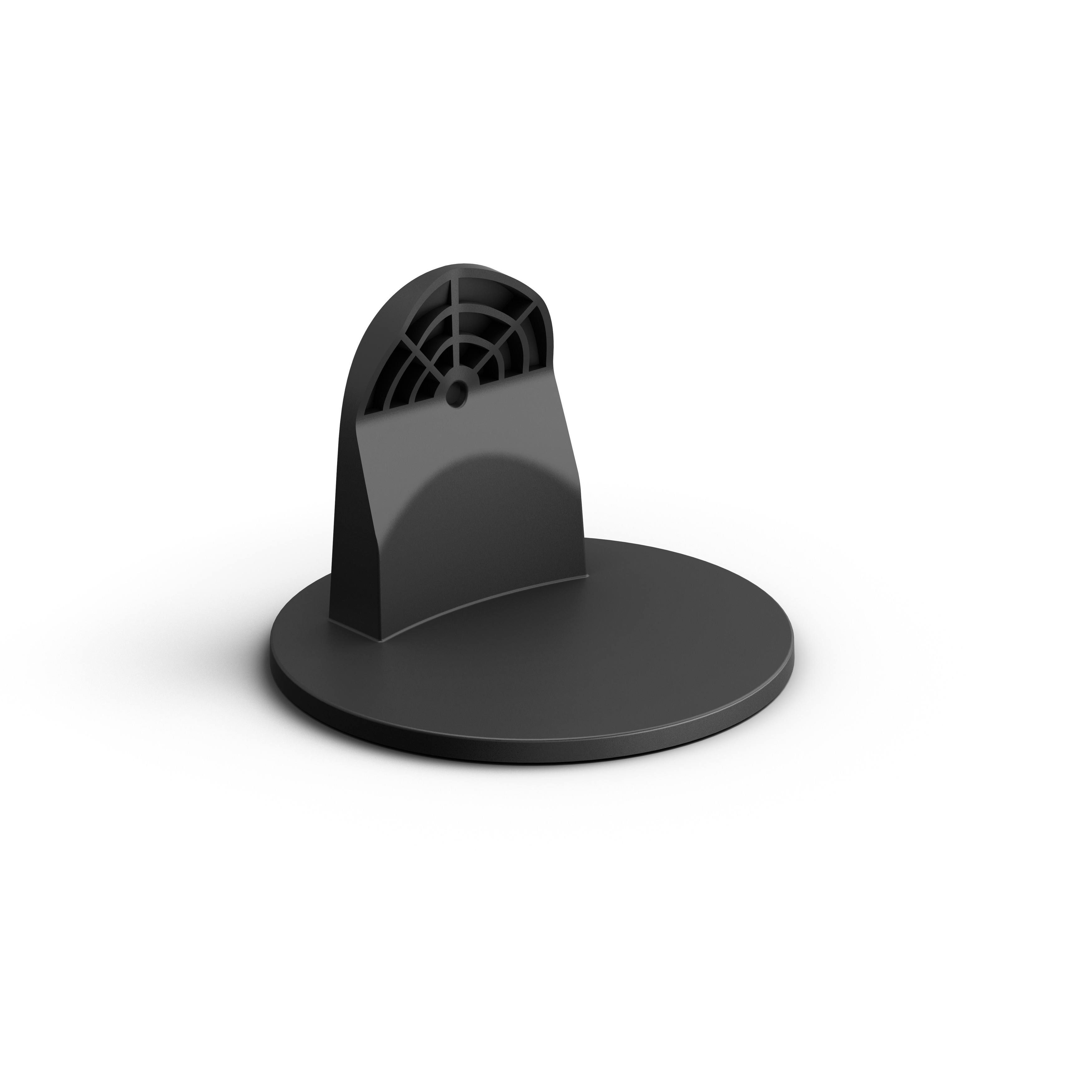 Base in plastica nera con parte superiore curva. Viene utilizzata per tenere qualcosa, su uno sfondo bianco.