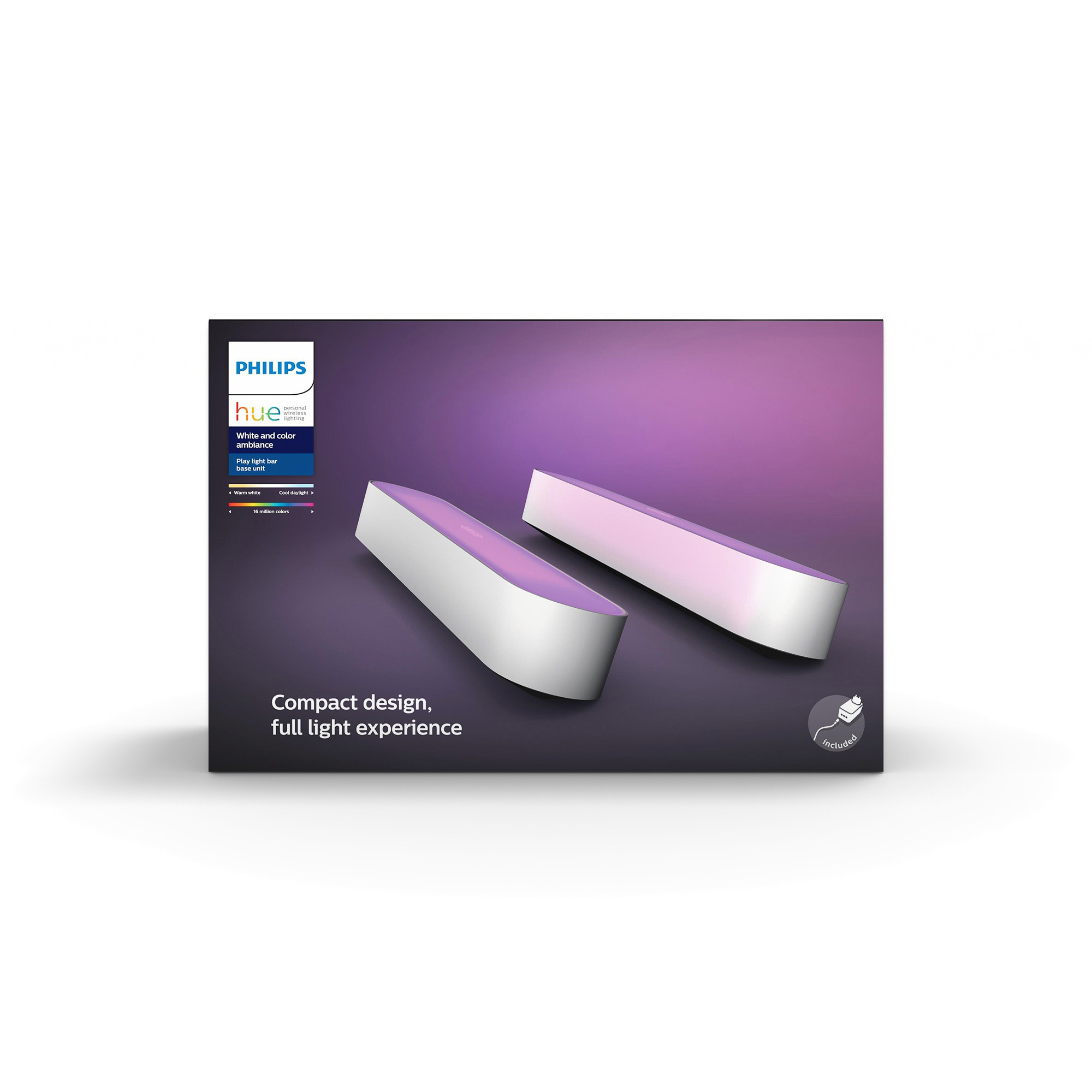 Eine Box mit zwei weißen Lichtbalken, mit einem lila Farbverlauf im Hintergrund. Text auf der Box: Philips Hue.