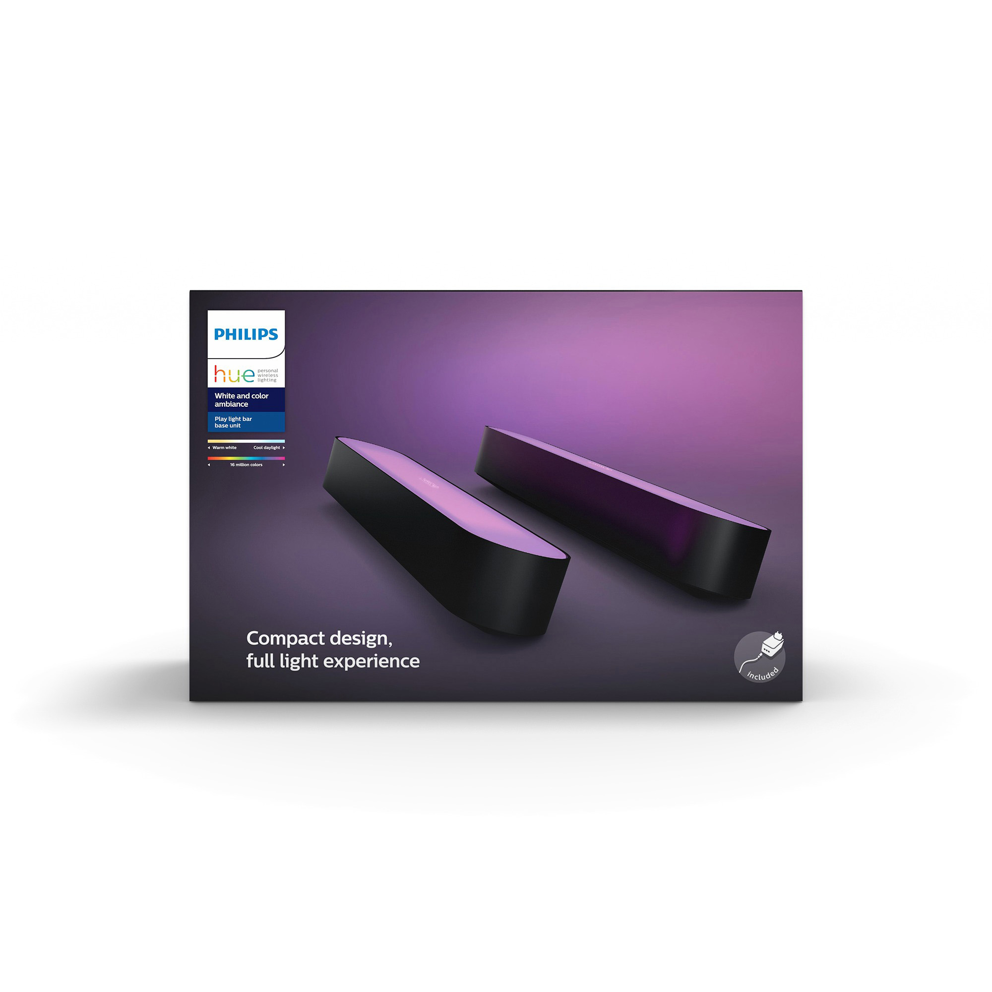 Scatola del prodotto Philips Hue con due barre luminose nere e informazioni sul prodotto.