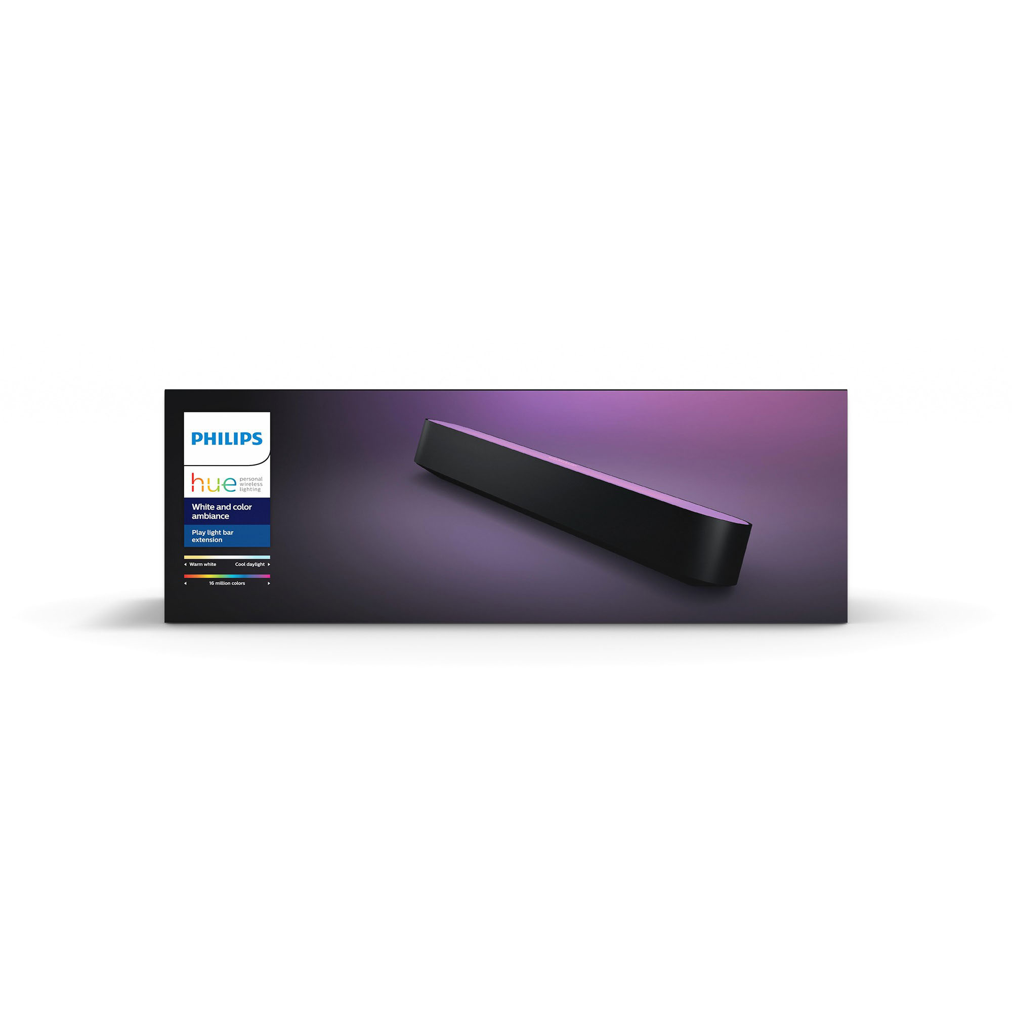 Schwarze Philips Hue Lichtleiste auf lila Hintergrund, mit Produktdetails links.