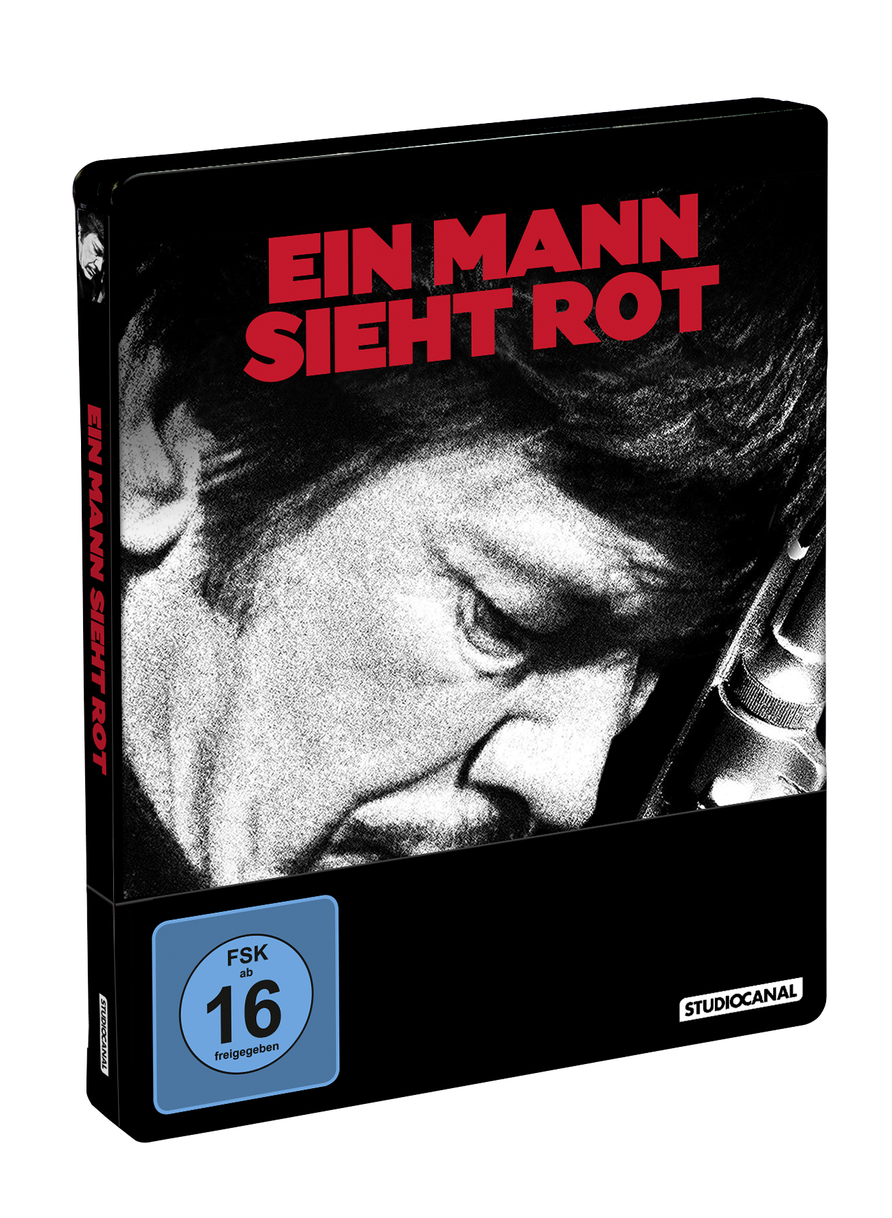 Filmcover, Schwarzweißbild eines Mannes. Der Titel lautet "Ein Mann Sieht Rot".