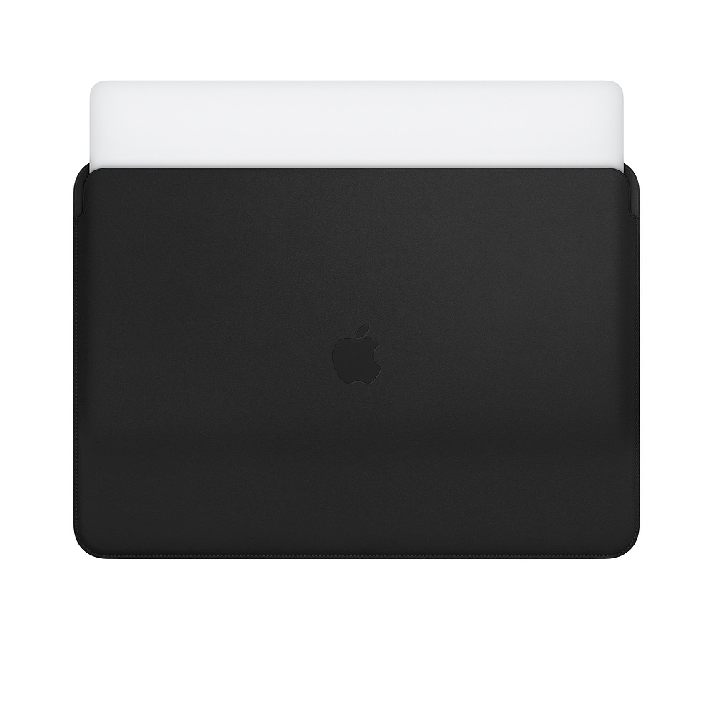 Schwarze Laptop-Hülle. Apple-Logo in der Mitte, schwarze Außenseite, weißes Innere sichtbar.