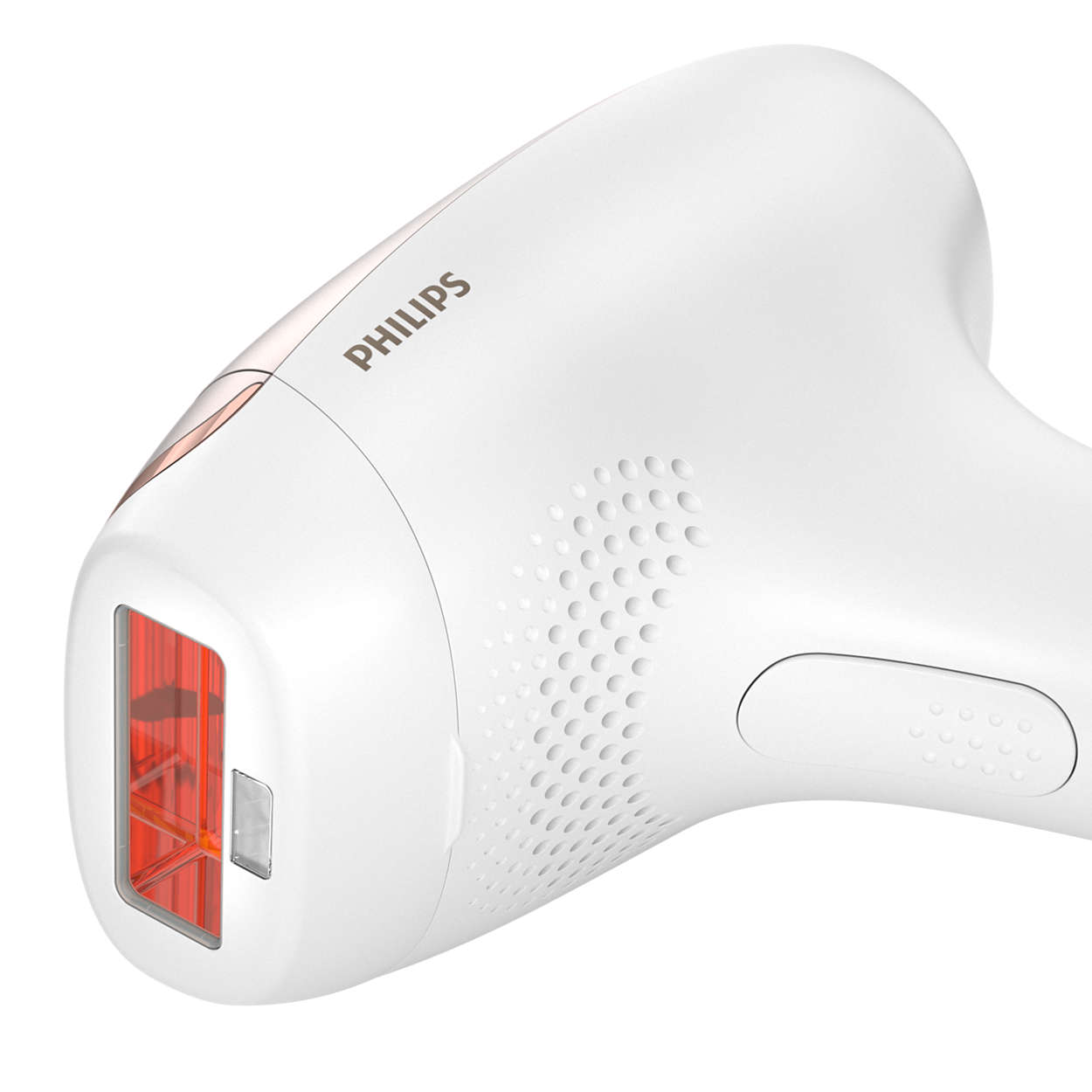 A white Philips hair removal device, with a red light emitting area, is shown at an angle.