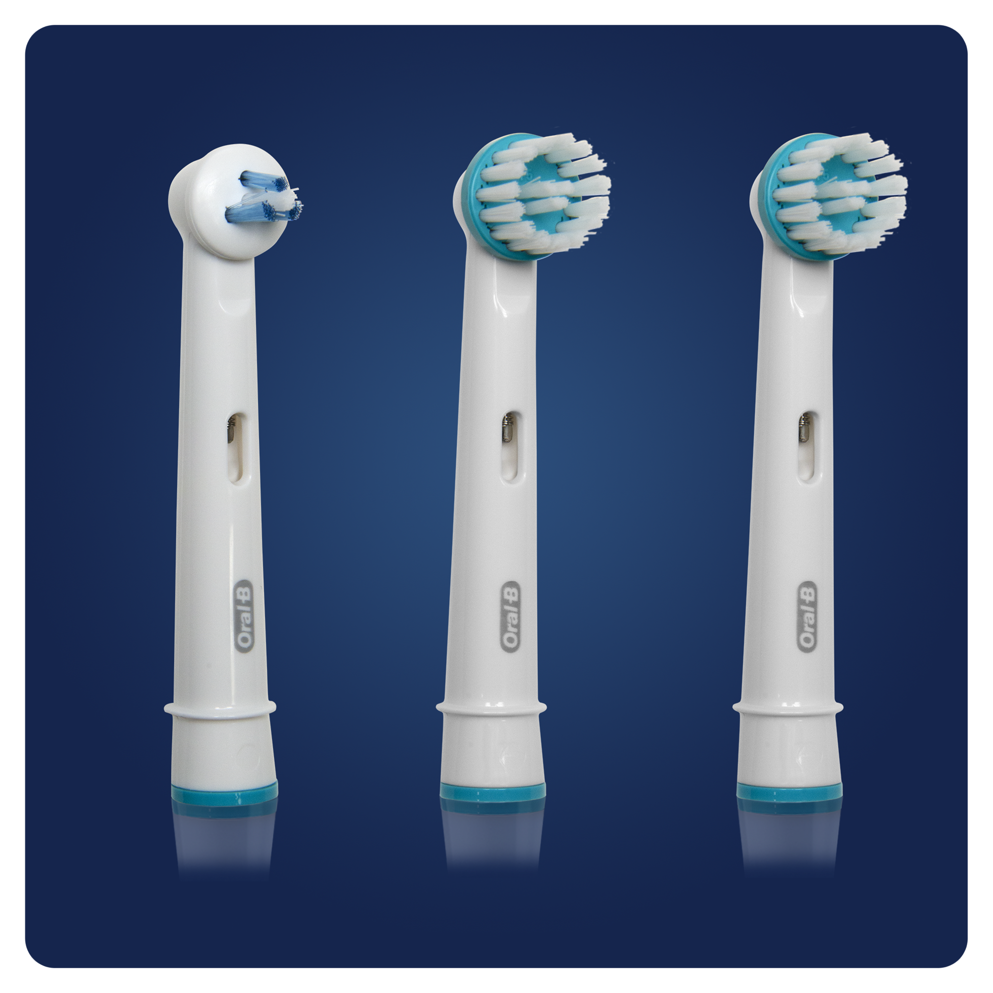 Drei Oral-B Zahnbürstenköpfe, weiß mit blauen Borsten.