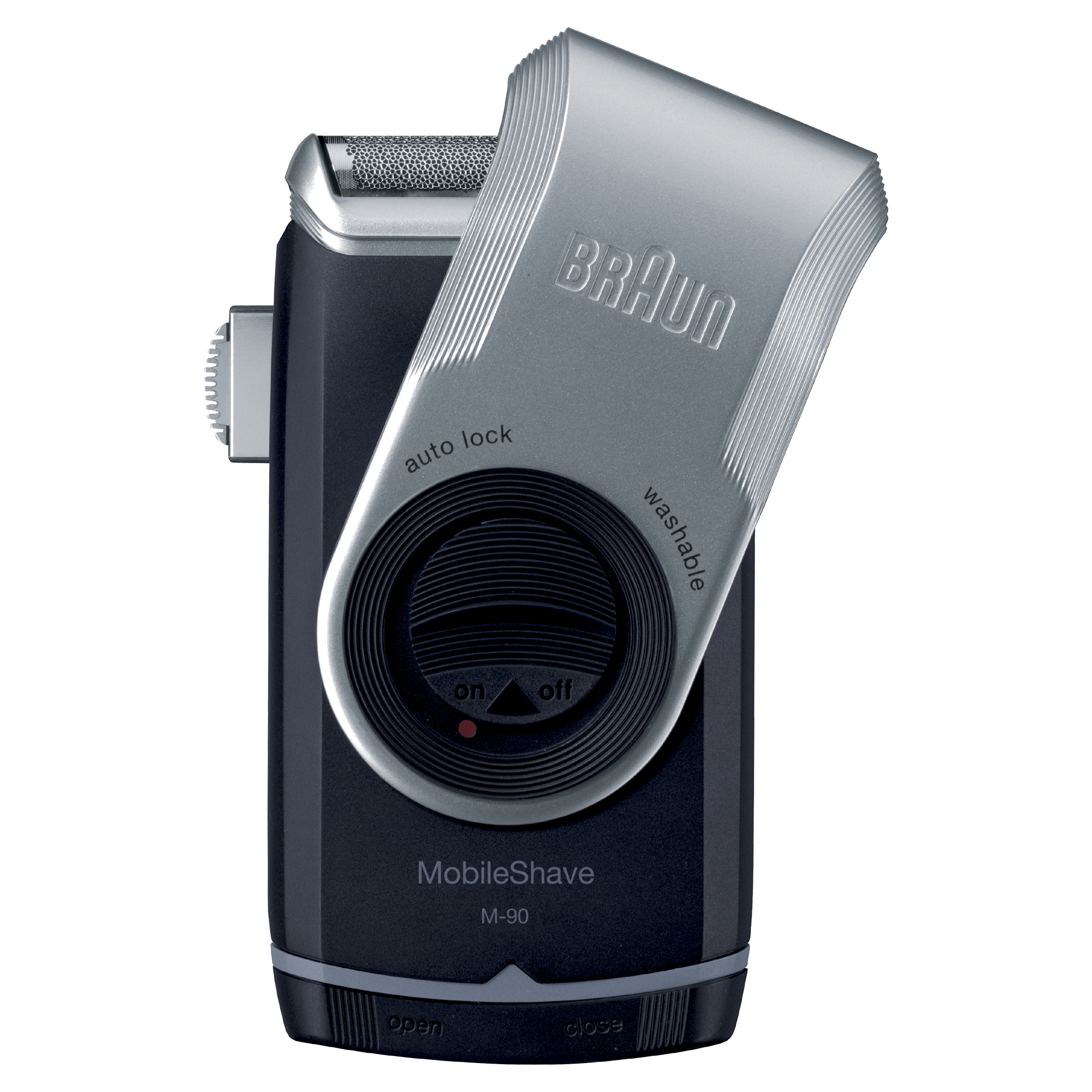BRAUN Mobile Shaver M90 (Vibrierende Rasierer Nein) Scherfolien, Silber/Schwarz Reinigungsstation