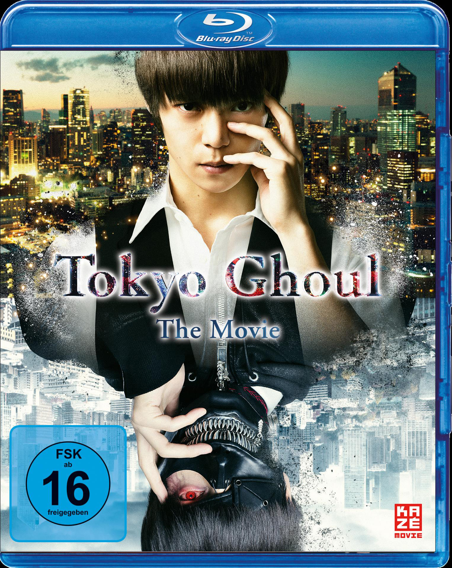 Filmcover mit Mann, Titel 'Tokyo Ghoul' und Stadtlandschaft im Hintergrund.