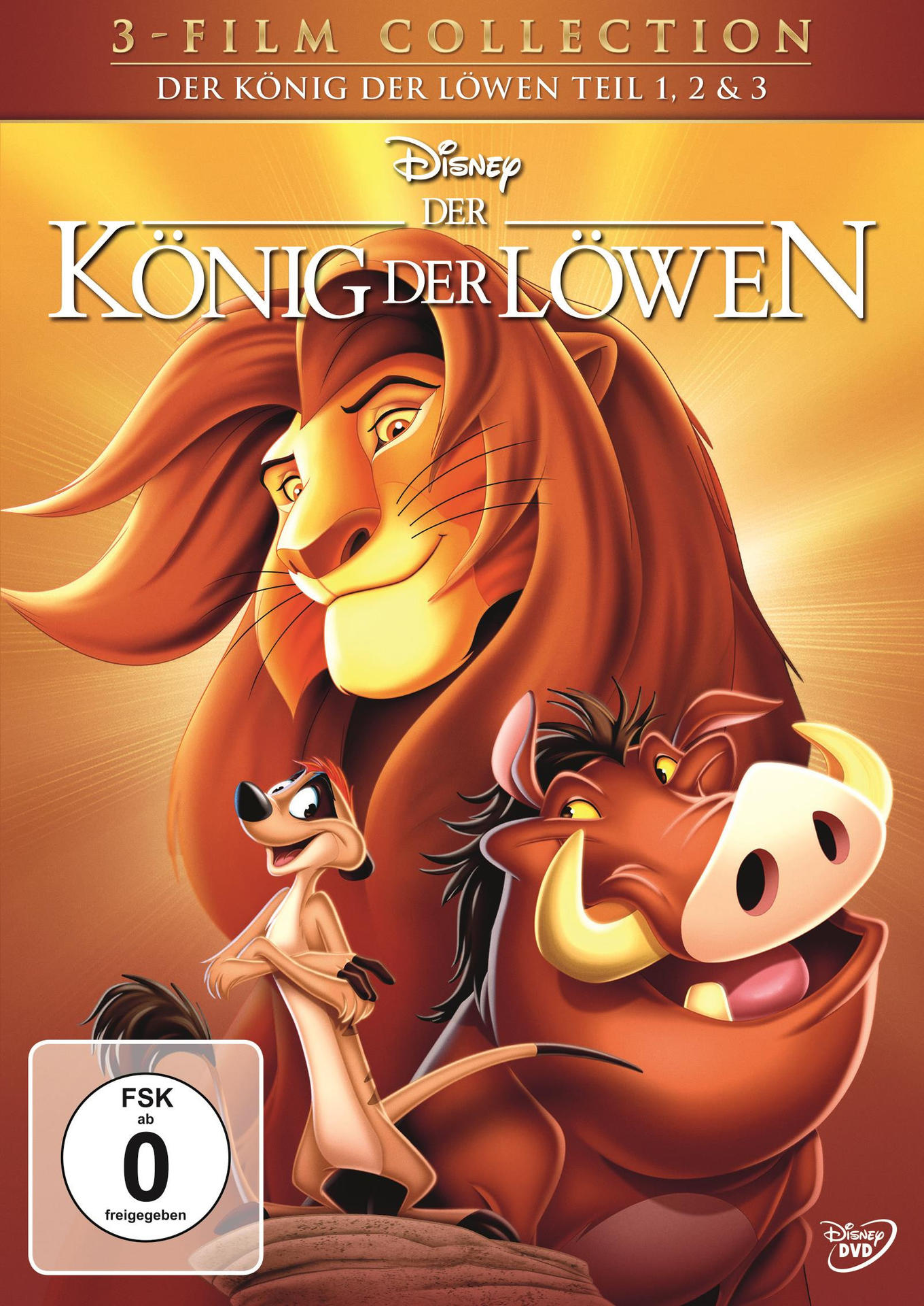 DVD-Cover für "Der König der Löwen" mit Simba, Timon, Pumbaa. Gelber Hintergrund mit goldenem Titel.