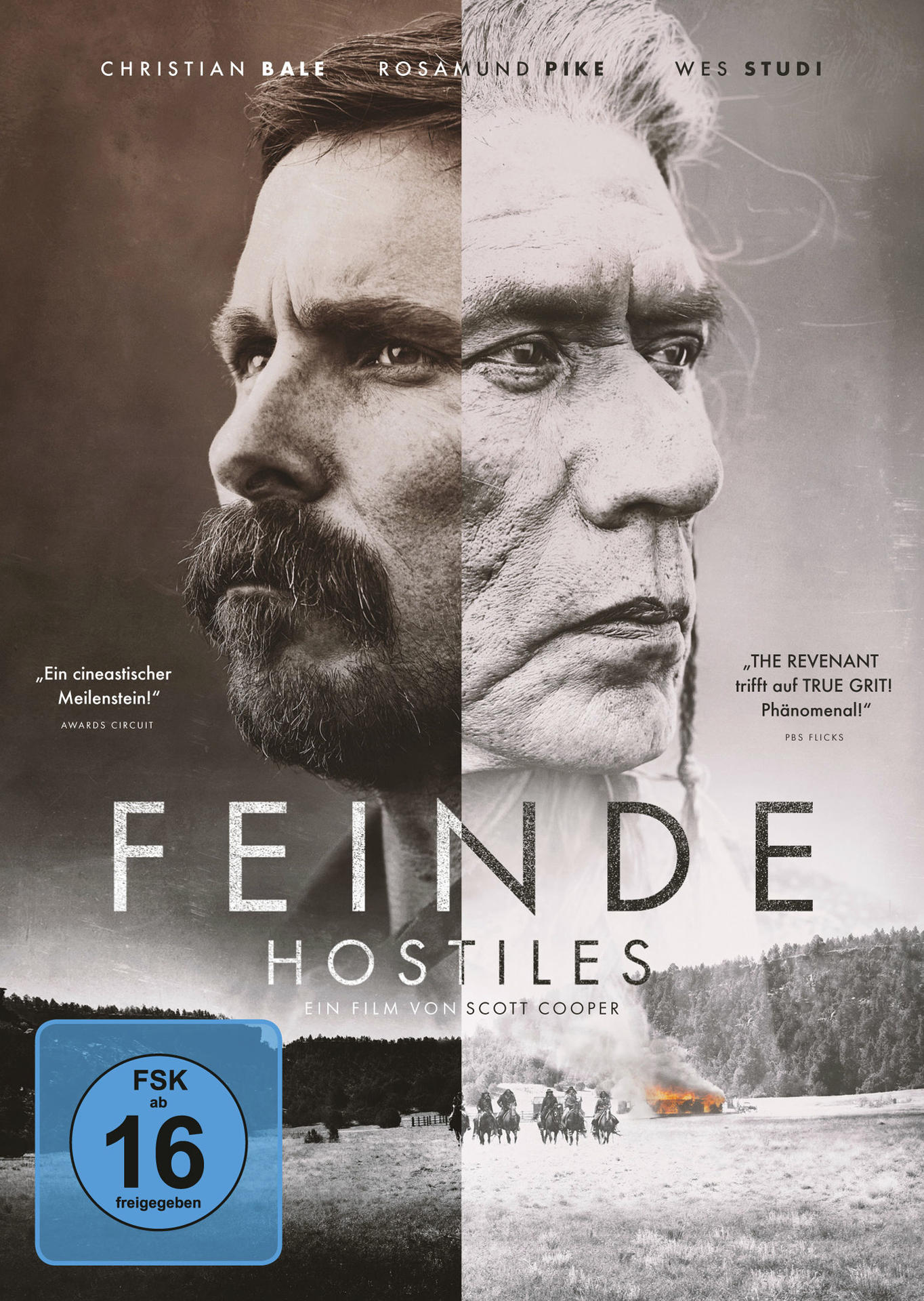 DVD-Cover von 'Feinde - Hostiles' mit Christian Bale. Zwei Gesichter in der Mitte. Szene von Soldaten.