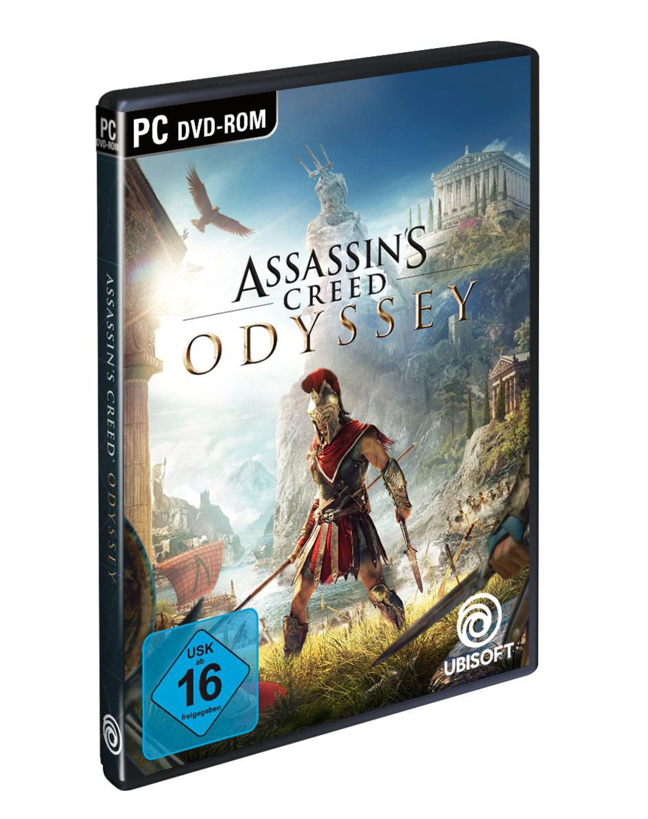 Assassin's Creed Odyssey PC-Spielbox. Ein spartanischer Krieger ist auf dem Cover mit Grafiken abgebildet.