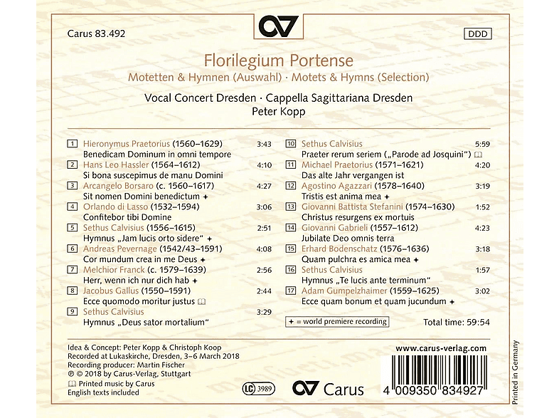 Thumbnail - Vocal Concert Dresden - FLORILEGIUM PORTENSE MOTETS & HYM (CD)
