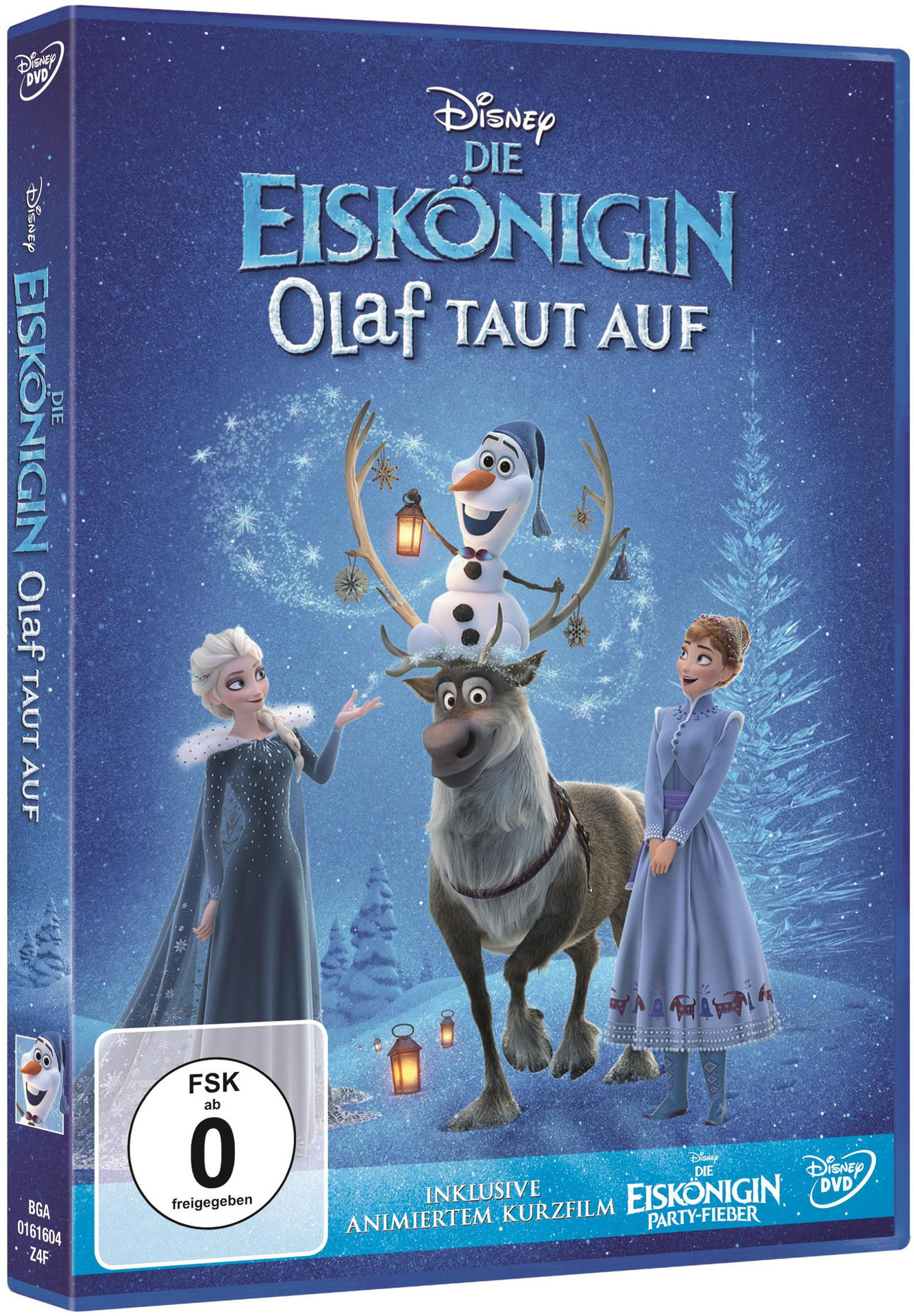 DVD-Hülle mit dem Film "Die Eiskönigin: Olaf taut auf." Mit Elsa, Olaf, einem Rentier und Anna.