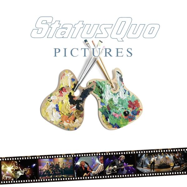 Albumcover: Status Quo mit Farbpaletten, Pinseln und einem Filmstreifen mit Bandfotos.