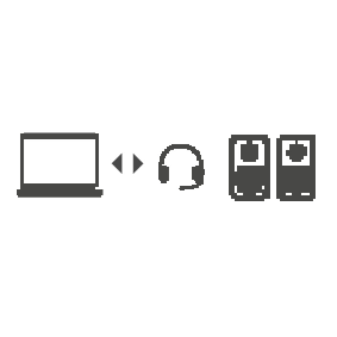 Symbol zeigt einen Laptop, der mit einem Headset und zwei Lautsprechern verbunden ist, Kommunikationsaufbau.