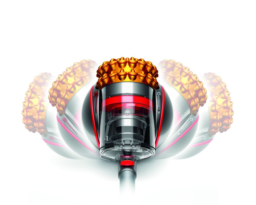 Dyson stofzuiger met de hoofdbehuizing in beweging, witte achtergrond.