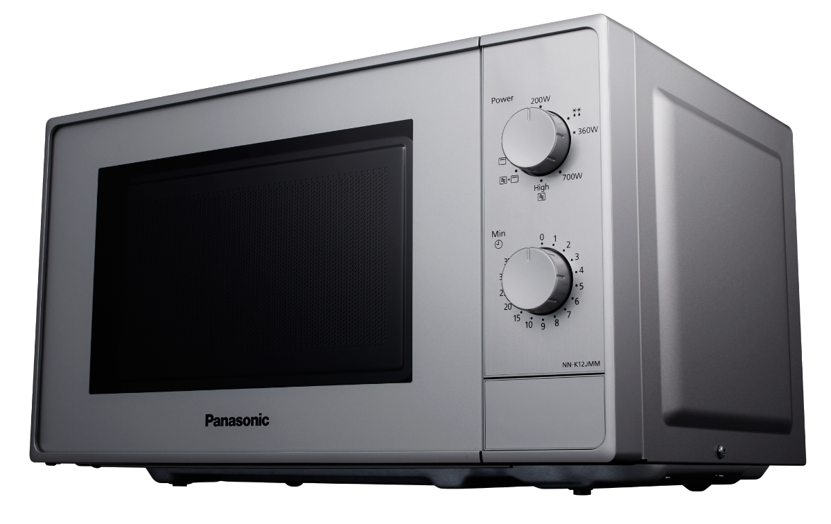 Ezüst mikrohullámú sütő vezérlőpanellel, fekete ajtóval és háttérrel. Panasonic márka.