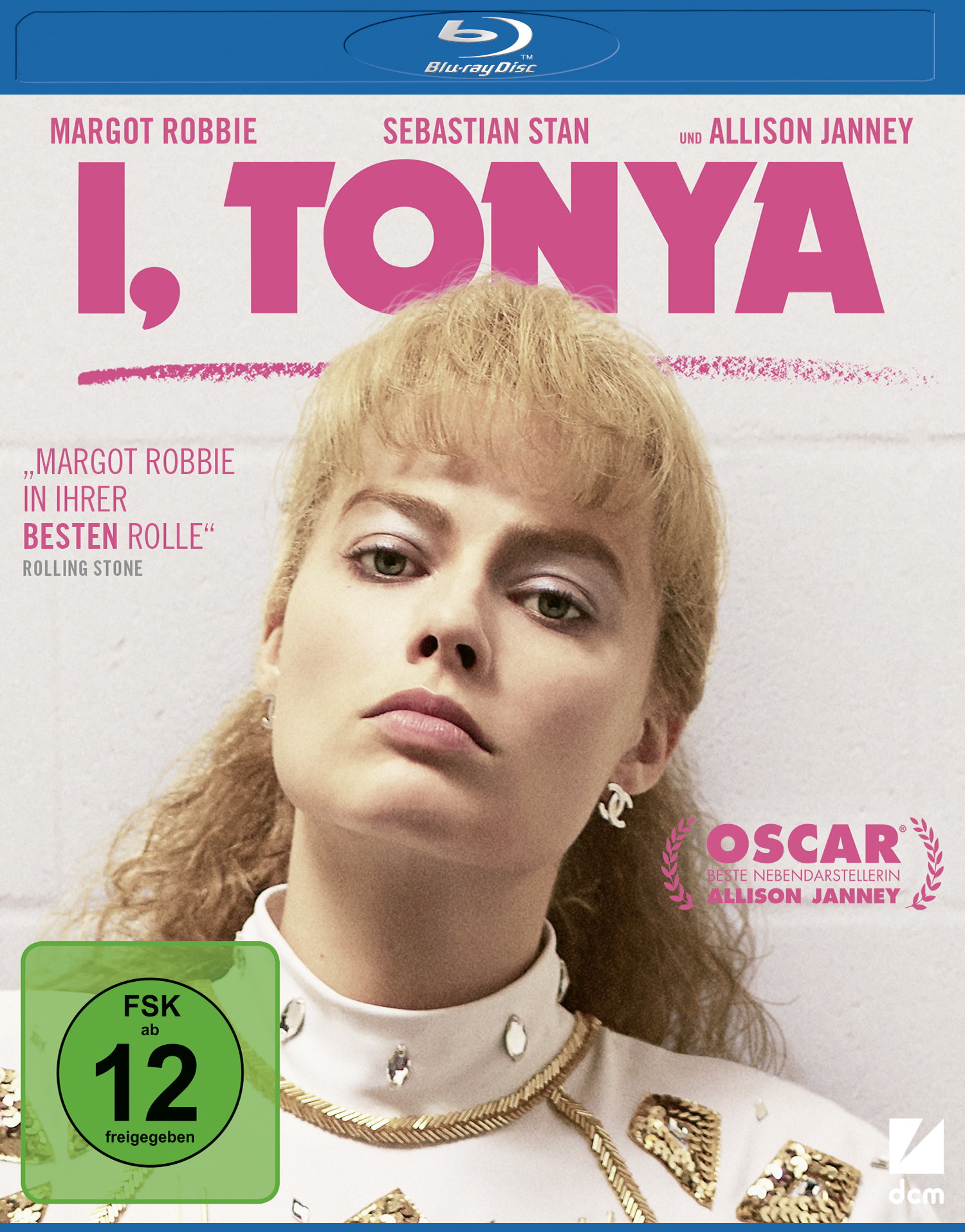 Filmposter mit einer Frau, blonden Haaren, einer goldenen Halskette und den Worten I, Tonya.