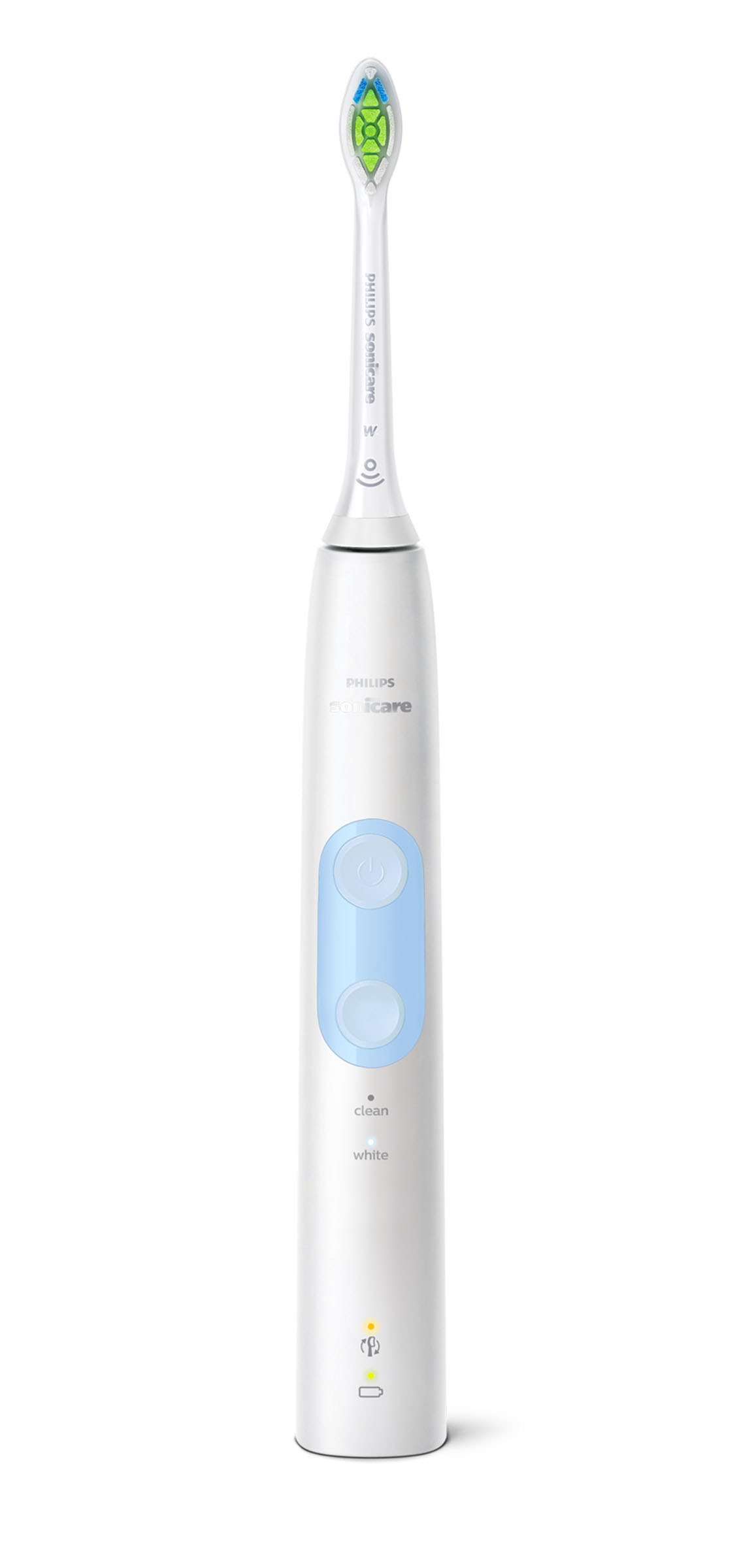 Weiße Philips Sonicare elektrische Zahnbürste. Sie hat einen blauen Knopf und einen grün-weißen Bürstenkopf.