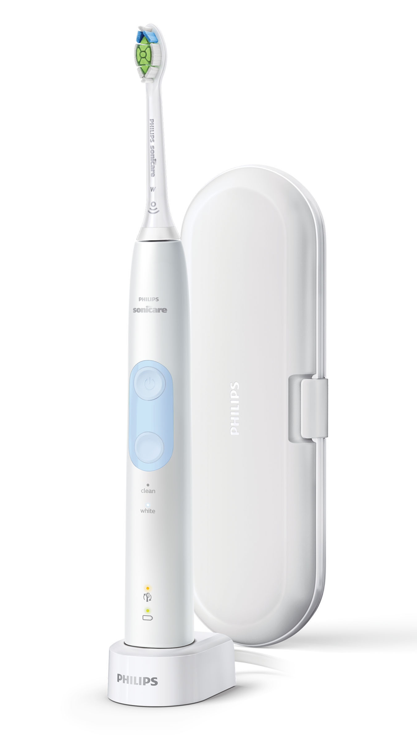 Weiße Philips Sonicare Zahnbürste mit Ladestation und Reiseetui. Blaue Power- und Reinigungsbuttons.