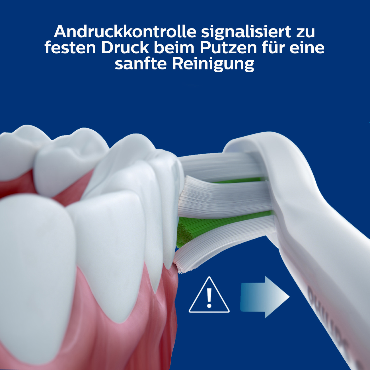 Zahnbürste putzt Zähne mit Ausrufezeichen-Symbol.