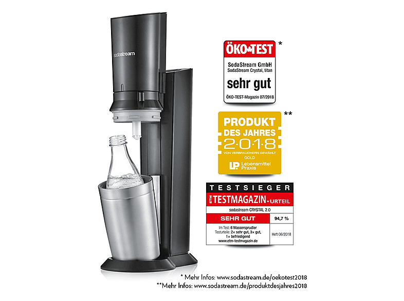 SODASTREAM Wassersprudler Crystal 2.0 (131651149), schwarz Wassersprudler, CO² Zylinder inklusive , Titan